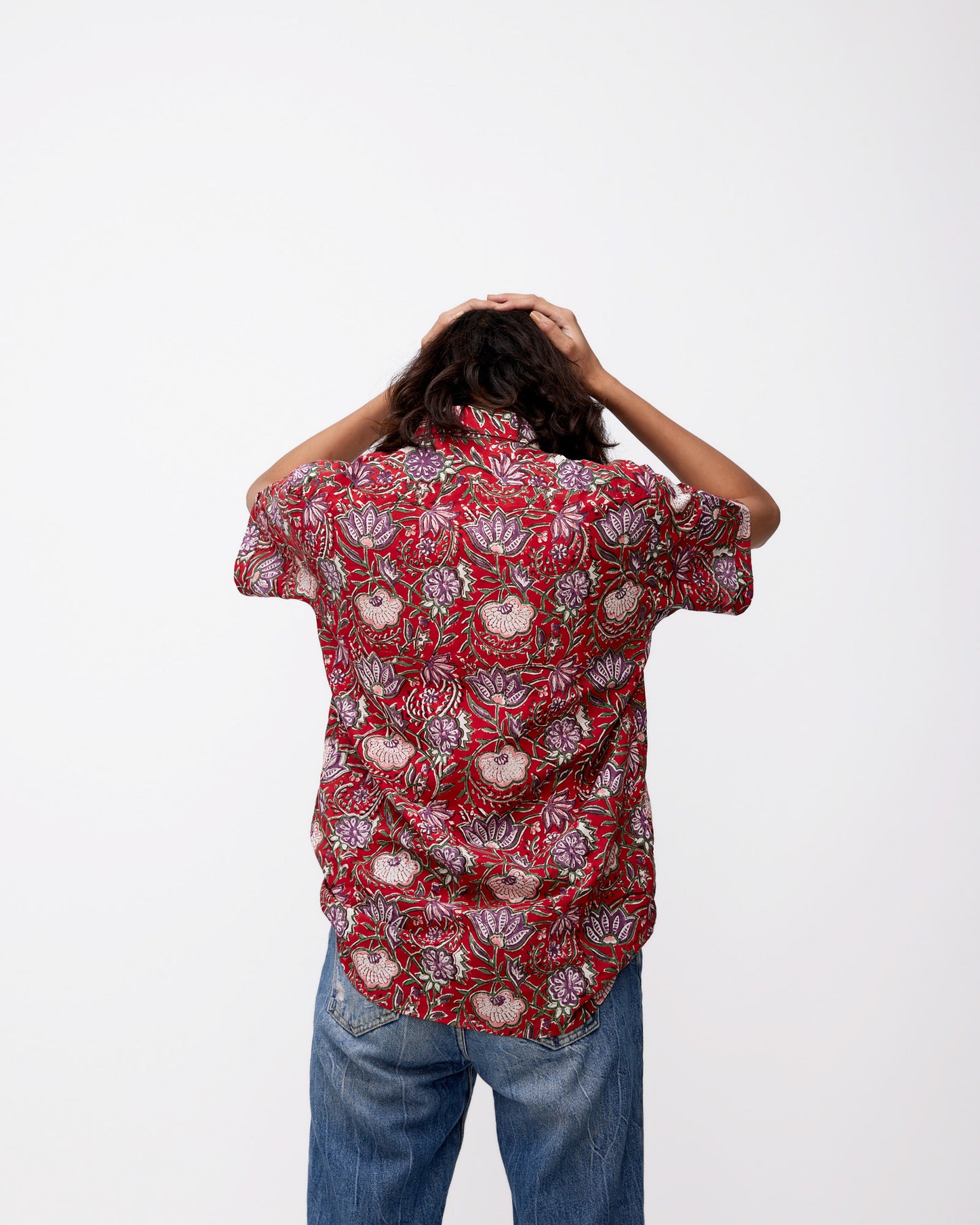 Red Lotus Print Cotton Shirt