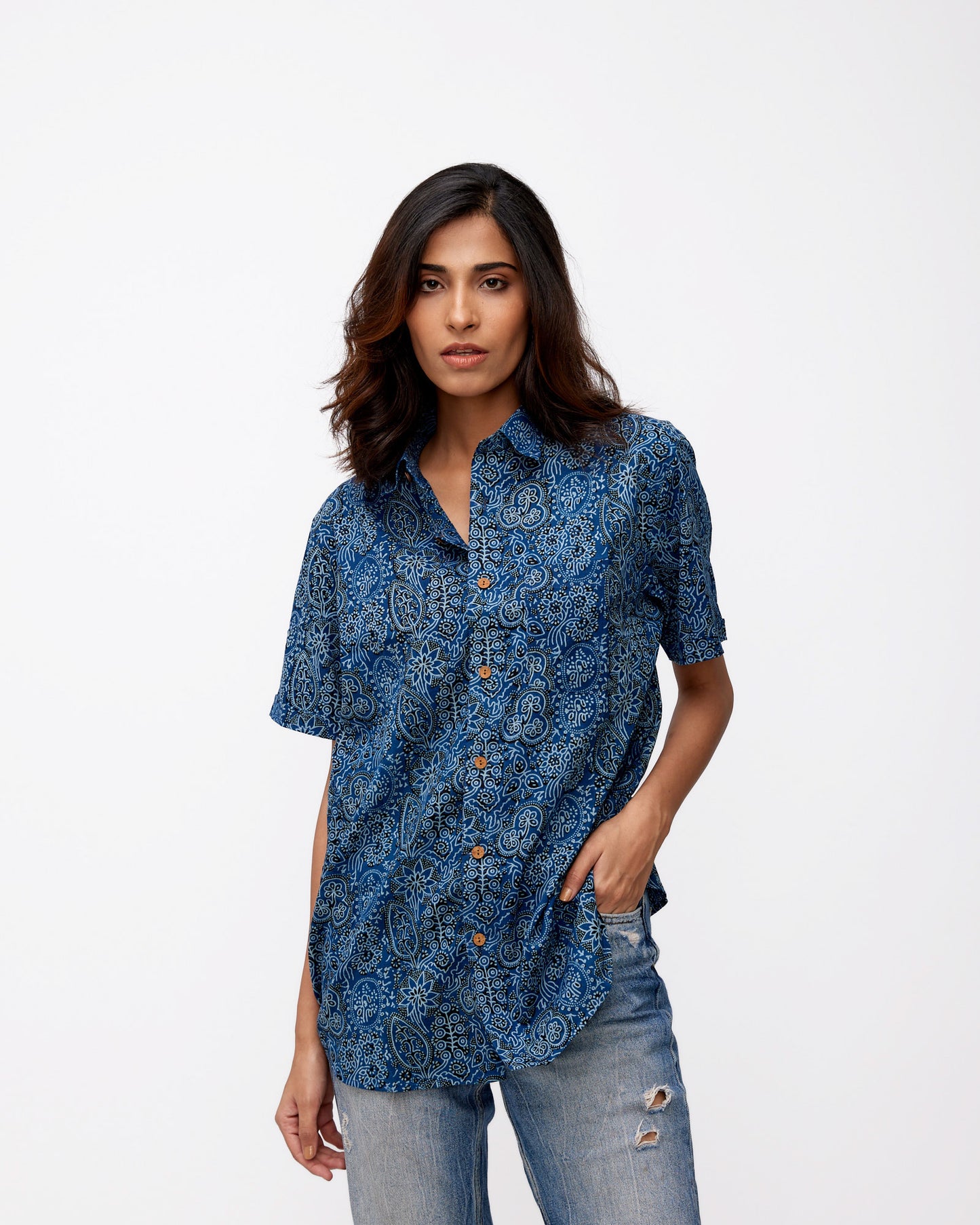 Ajrakh Dark Blue Printed Cotton Shirt