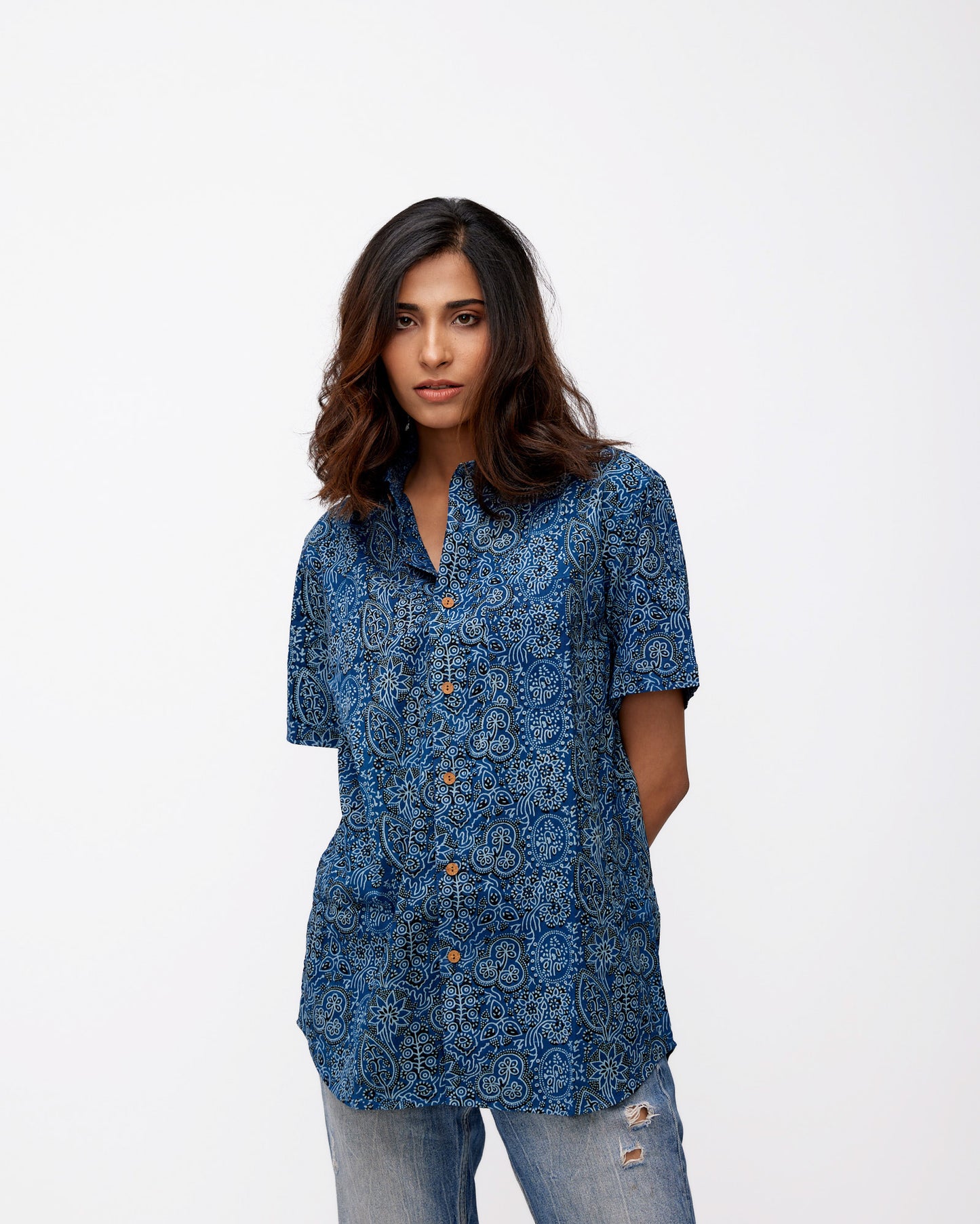 Ajrakh Dark Blue Printed Cotton Shirt