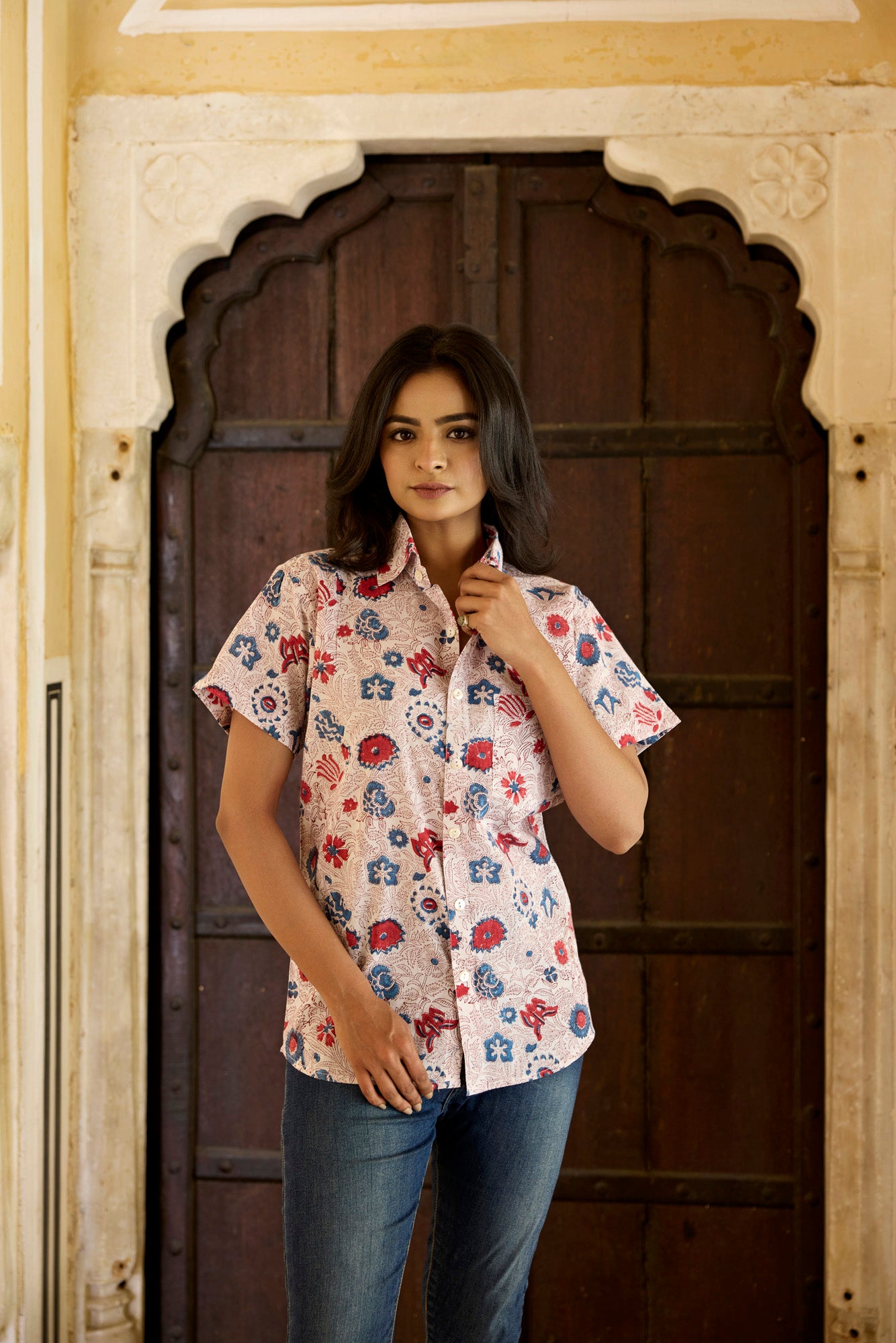 Blue & Red Floral Print Women Shirt