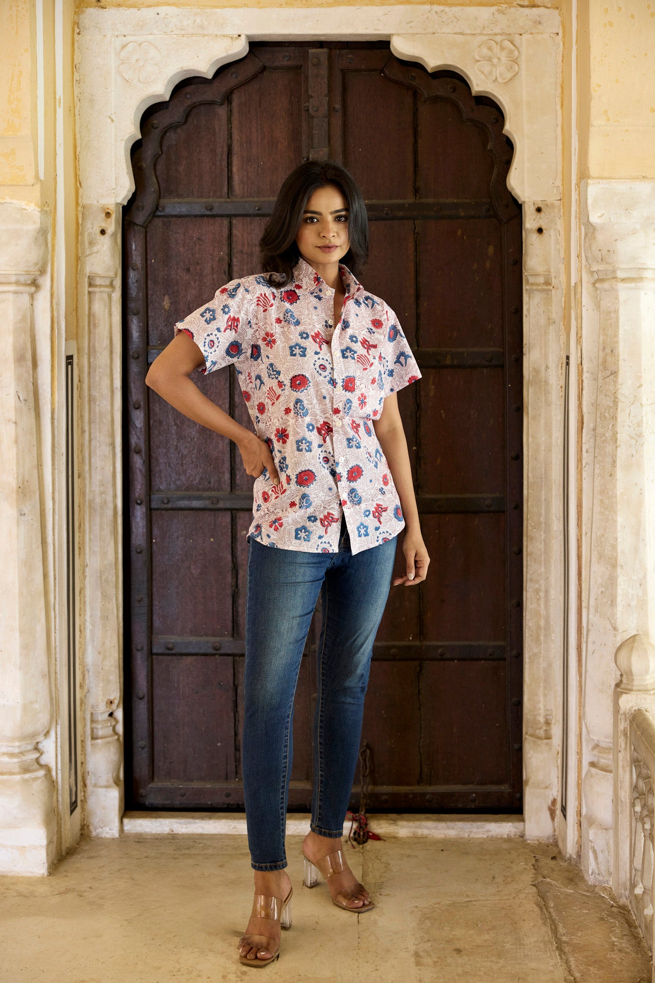 Blue & Red Floral Print Women Shirt