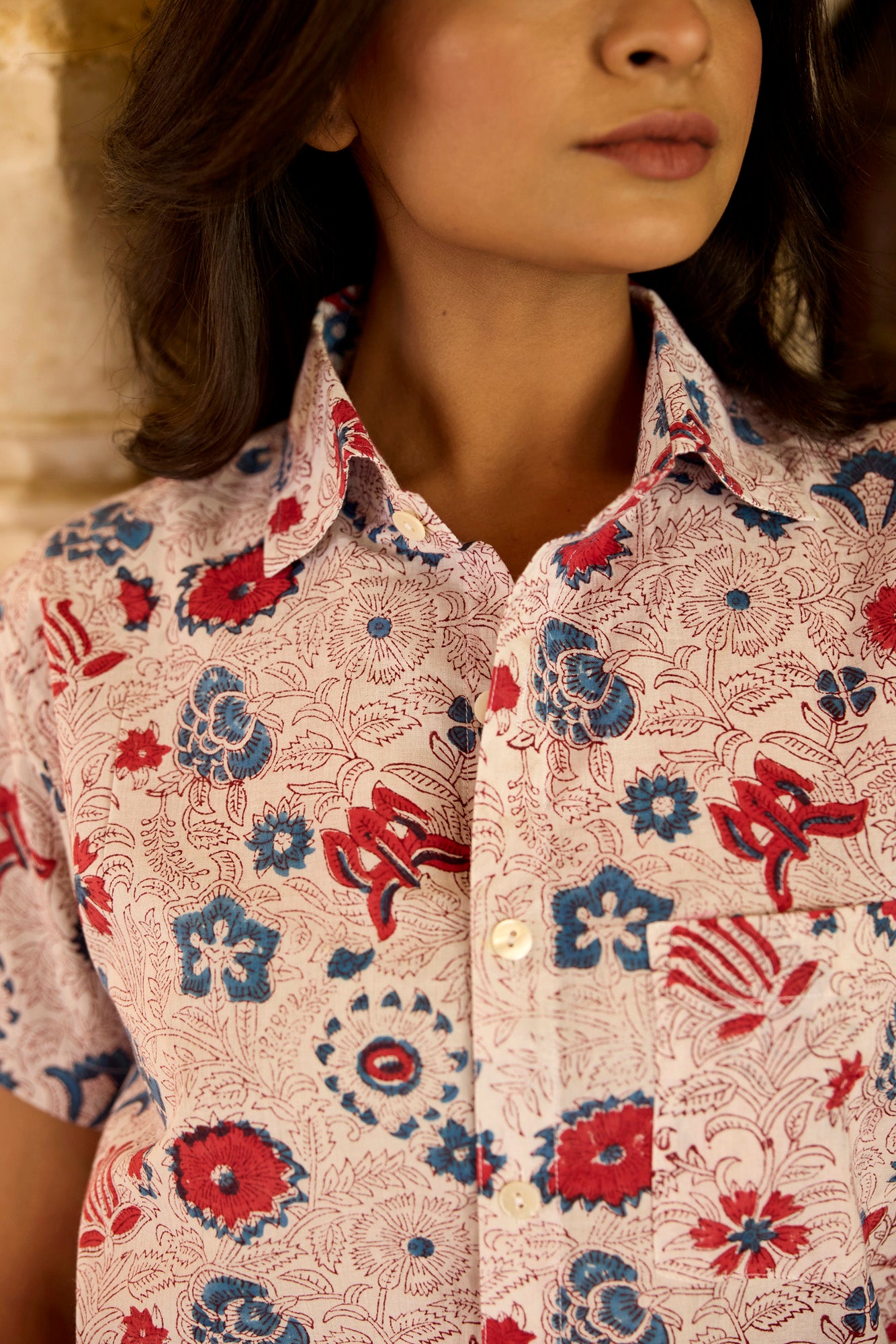 Blue & Red Floral Print Women Shirt