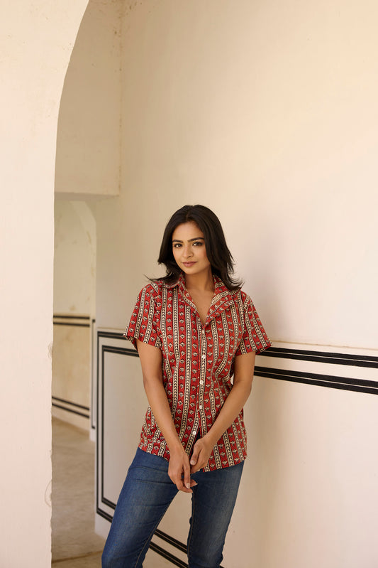 Rust Lotus Cotton Women Shirt