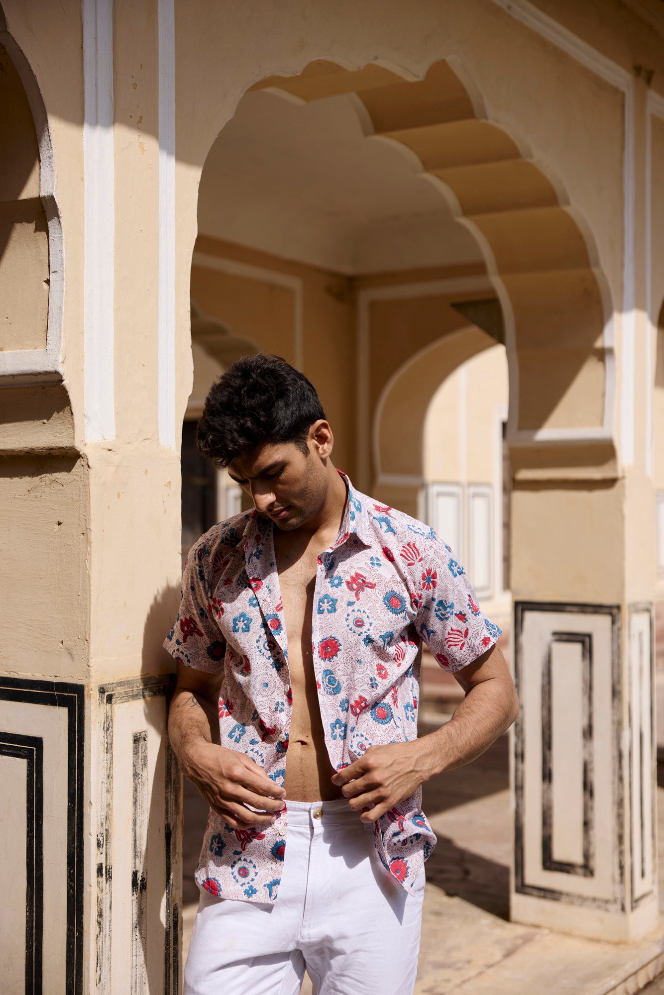 Blue & Red Floral Print Men Shirt