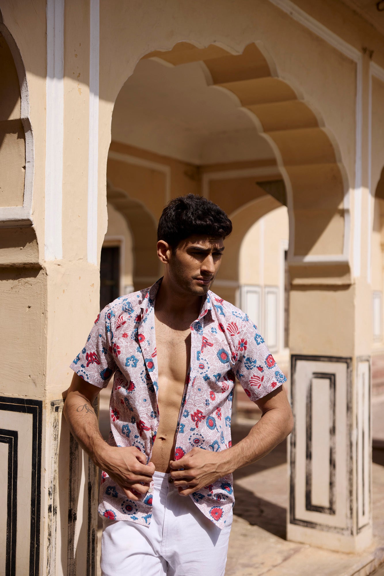 Blue & Red Floral Print Men Shirt