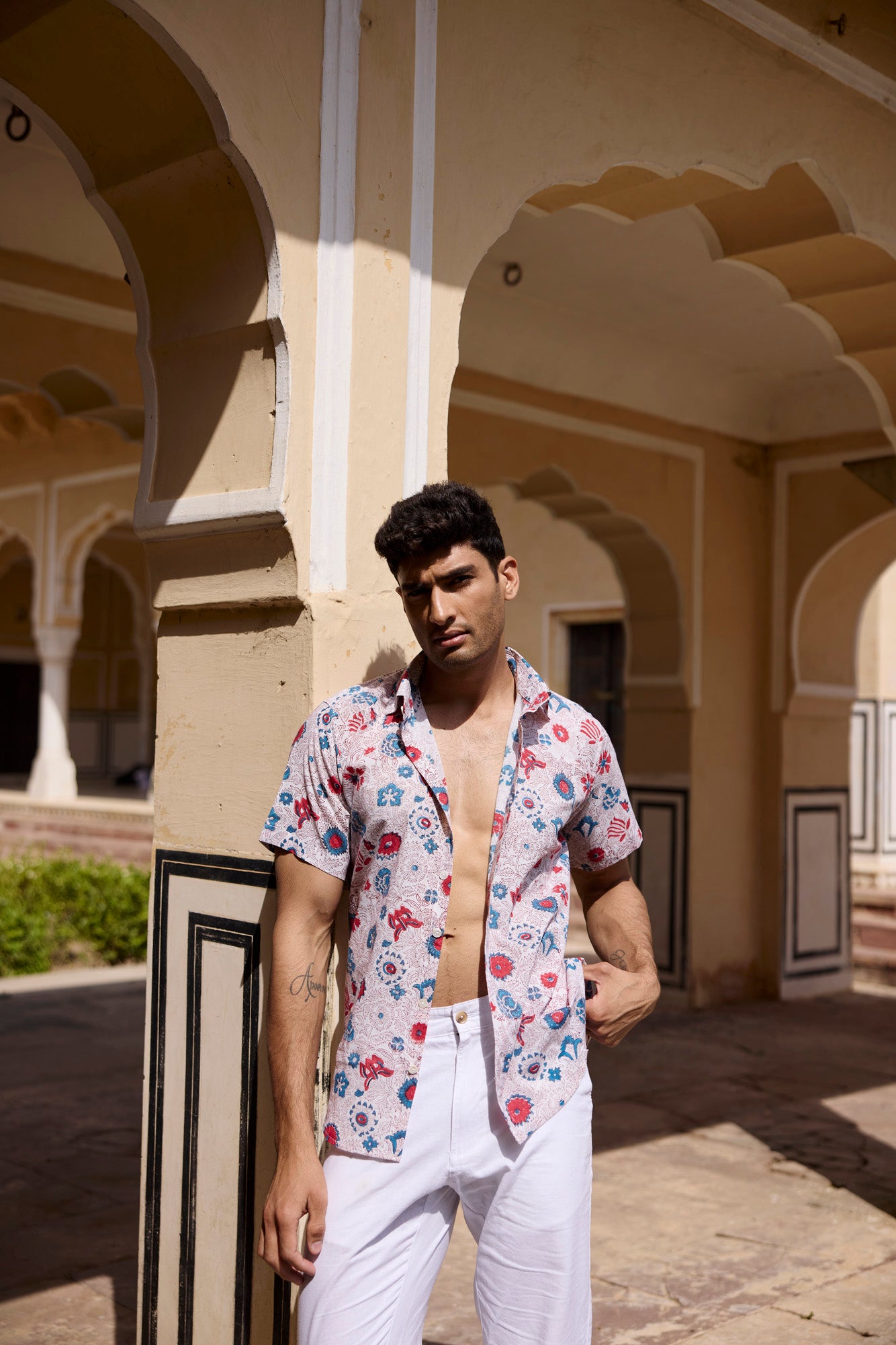 Blue & Red Floral Print Men Shirt