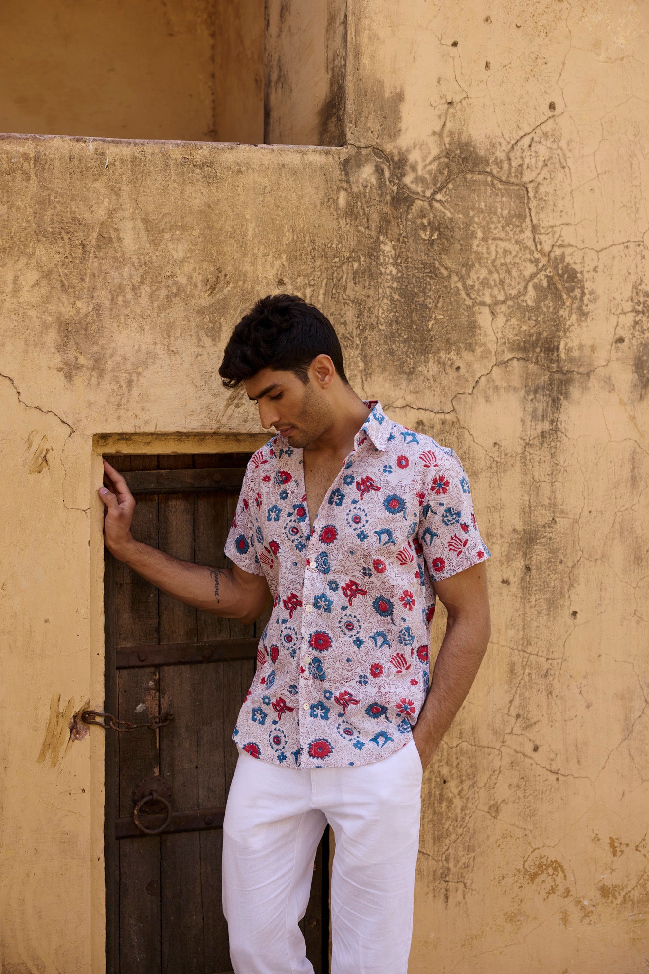 Blue & Red Floral Print Men Shirt