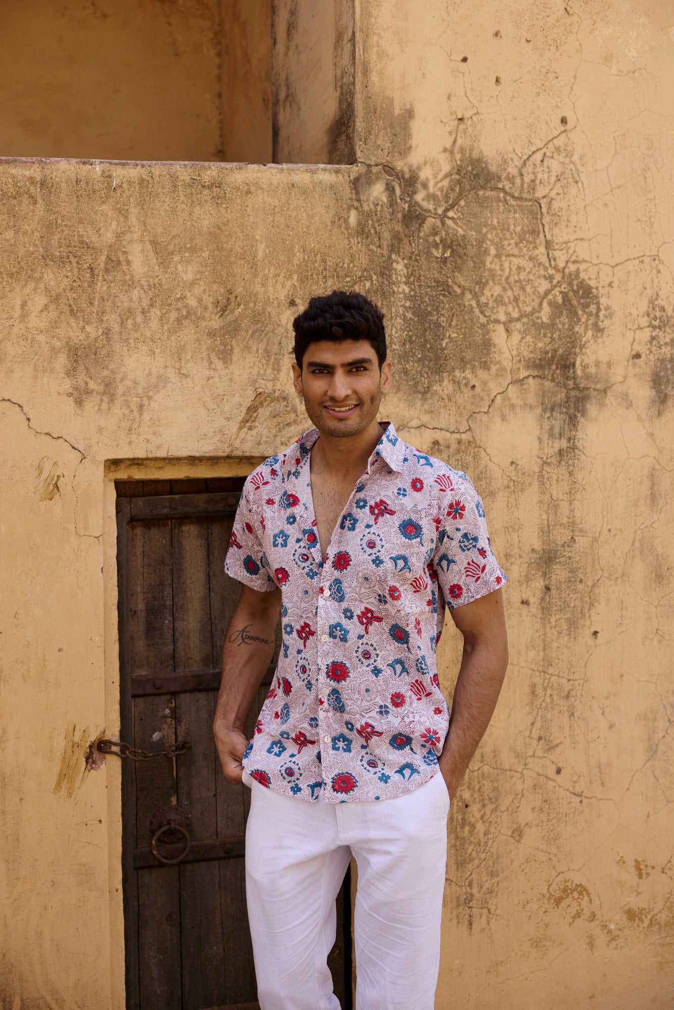 Blue & Red Floral Print Men Shirt