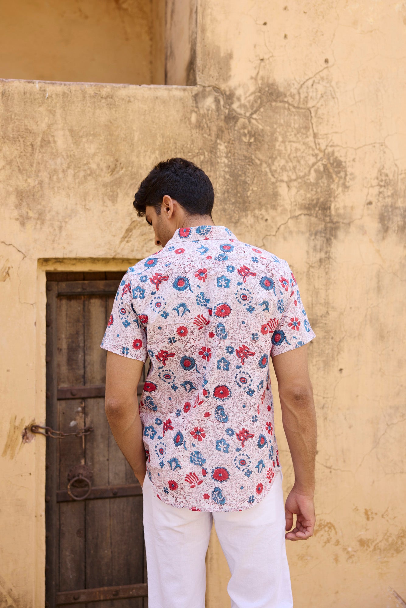 Blue & Red Floral Print Men Shirt