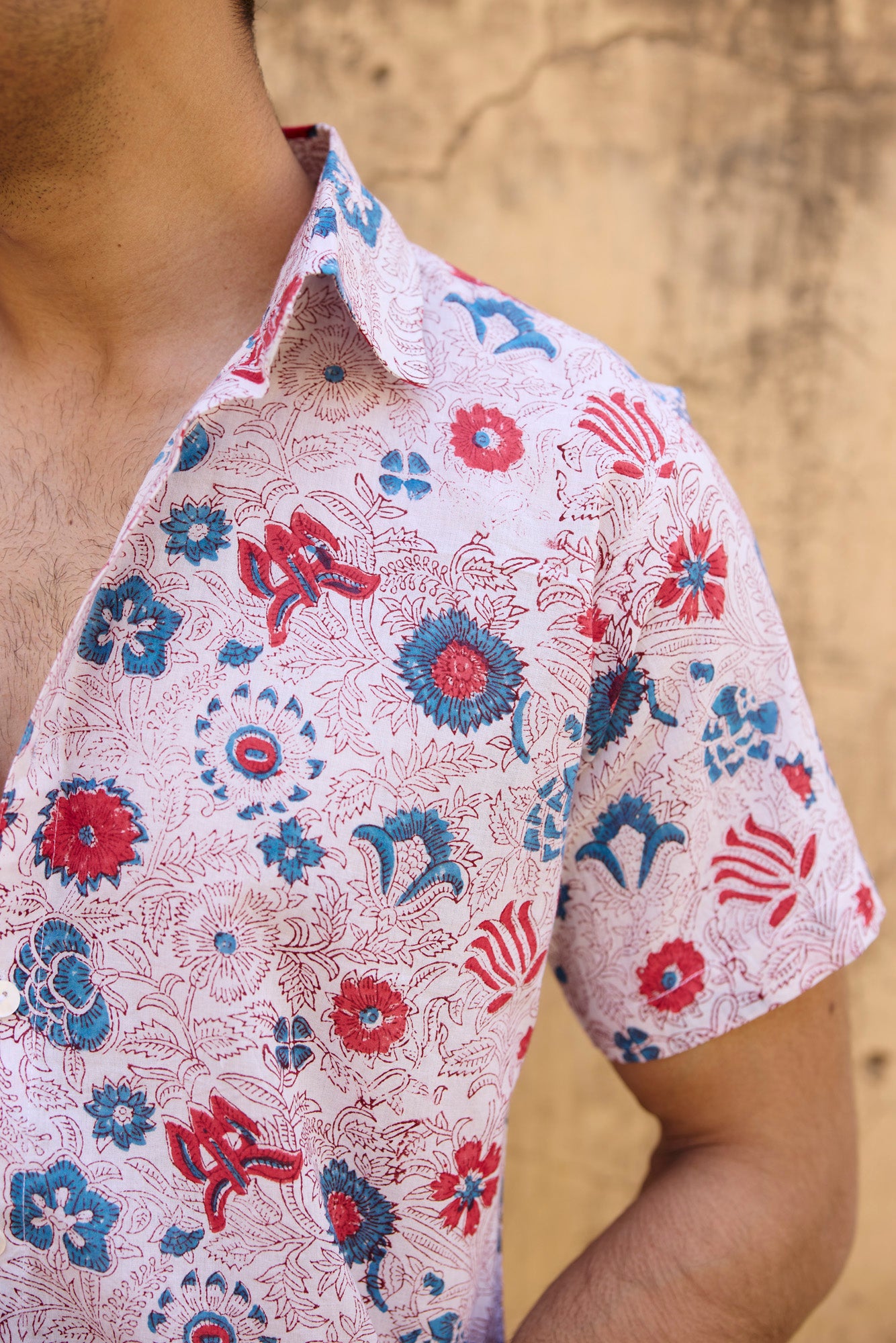 Blue & Red Floral Print Men Shirt