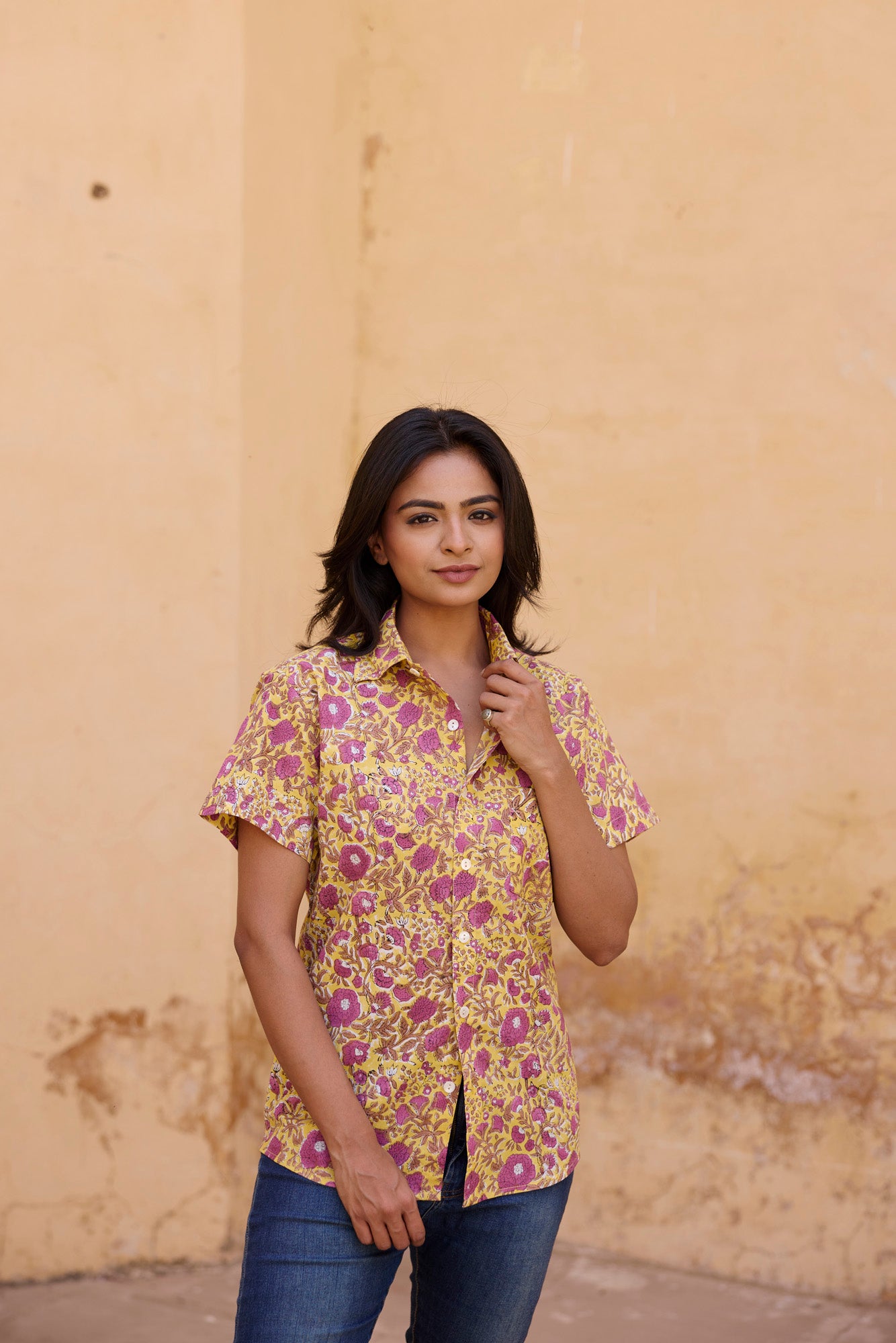 Yellow Print Cotton Women Shirt