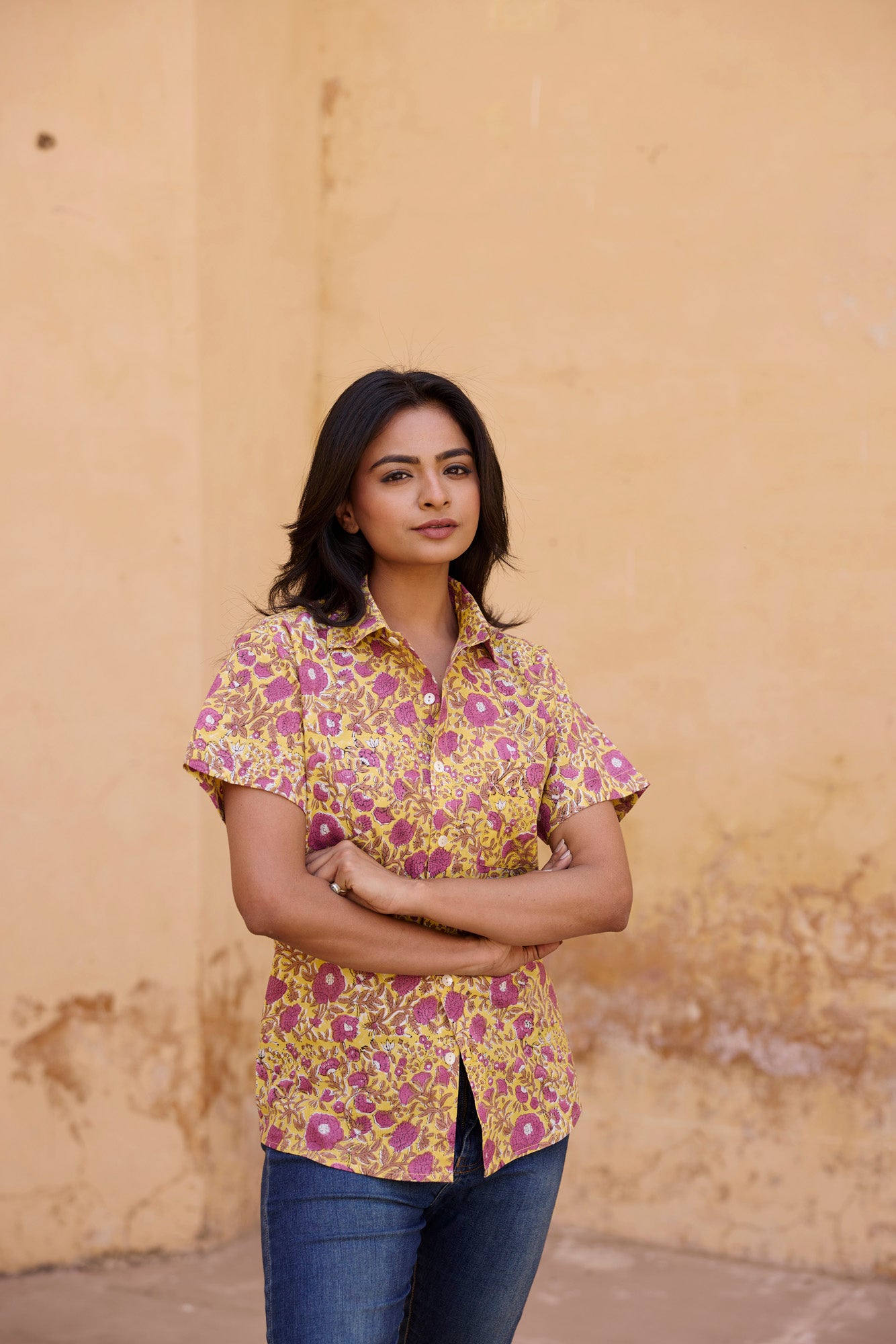 Yellow Print Cotton Women Shirt