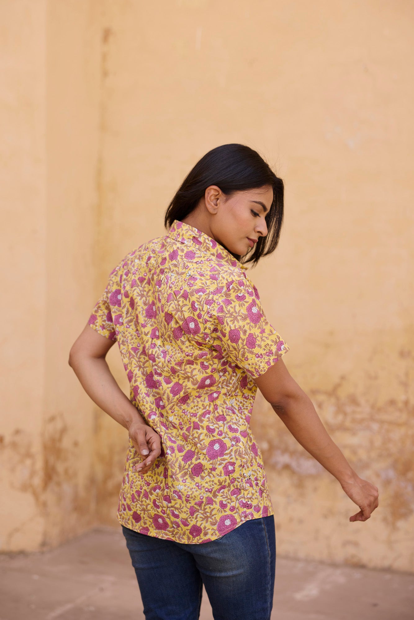 Yellow Print Cotton Women Shirt