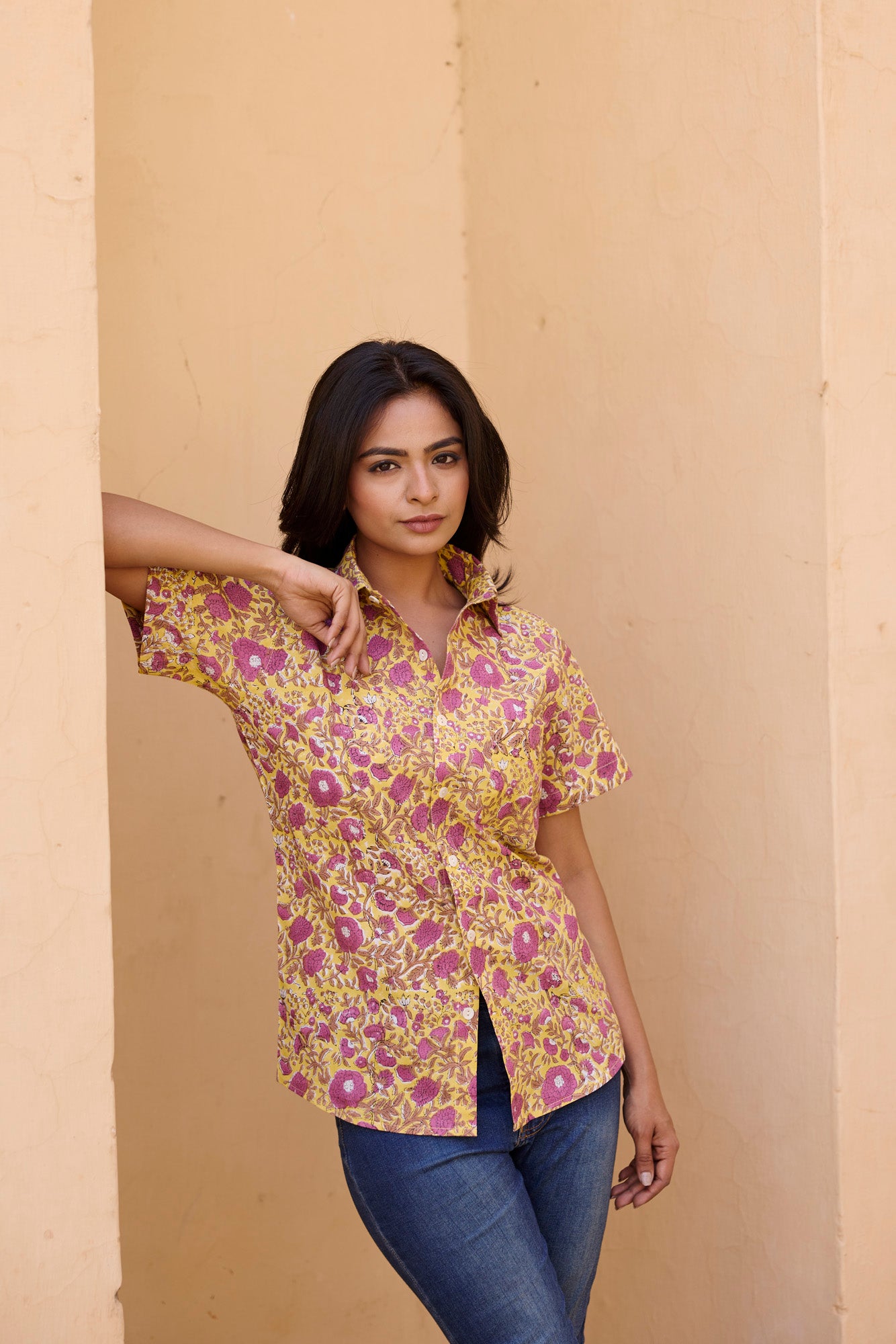 Yellow Print Cotton Women Shirt