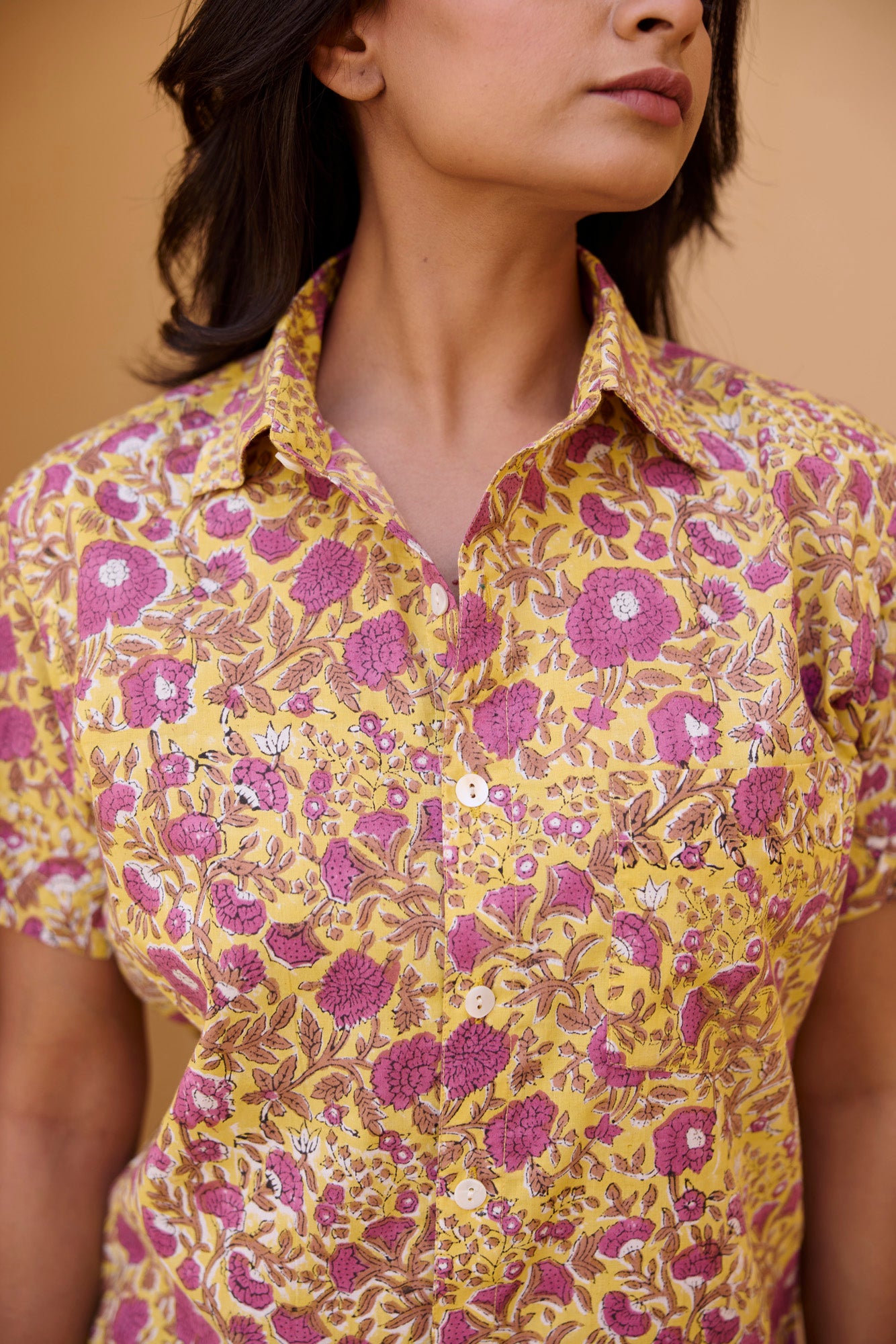 Yellow Print Cotton Women Shirt