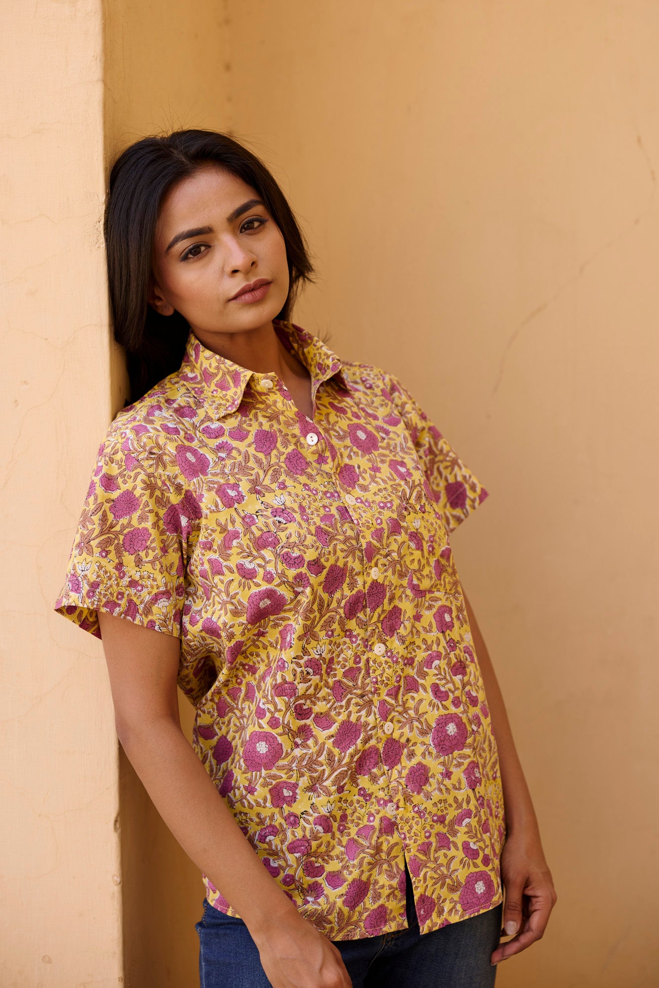 Yellow Print Cotton Women Shirt