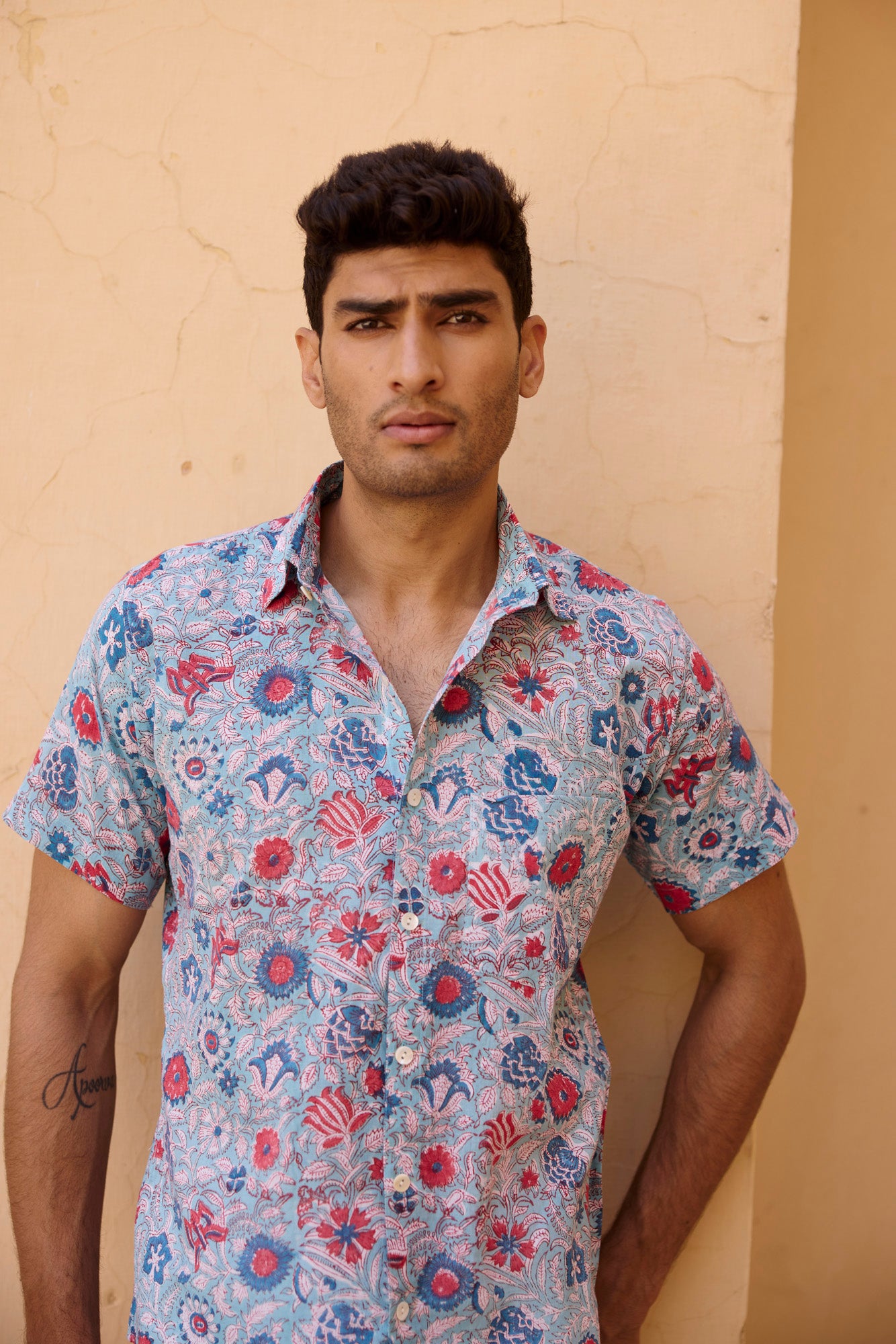 Blue Floral Printed Men Shirt