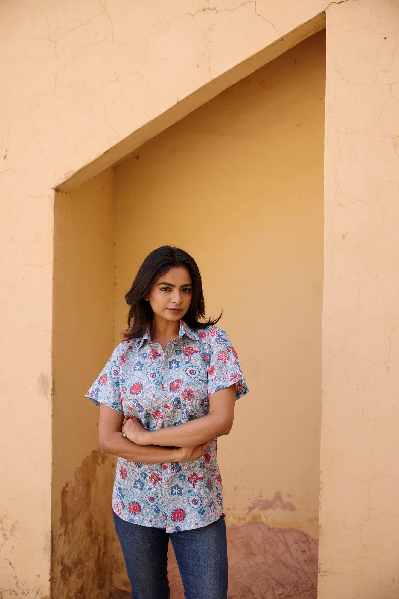 Blue Floral Printed Women Shirt