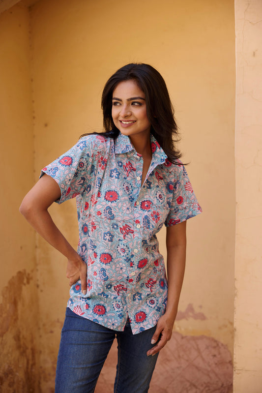 Blue Floral Printed Women Shirt