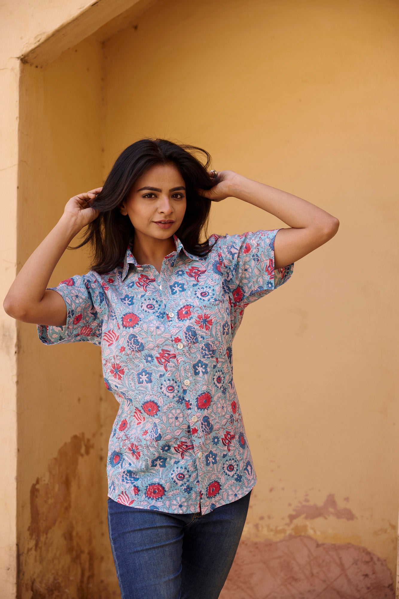 Blue Floral Printed Women Shirt