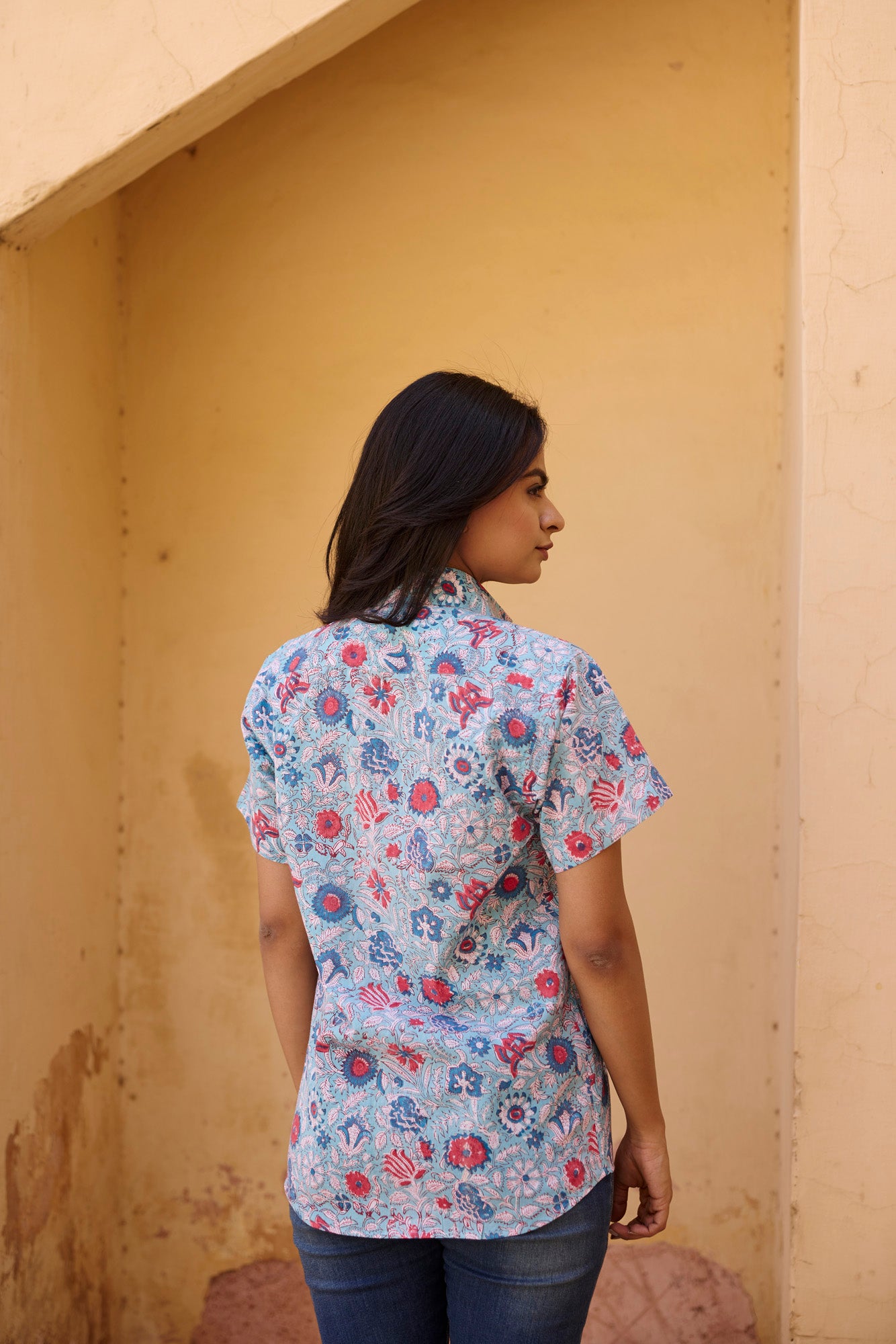 Blue Floral Printed Women Shirt