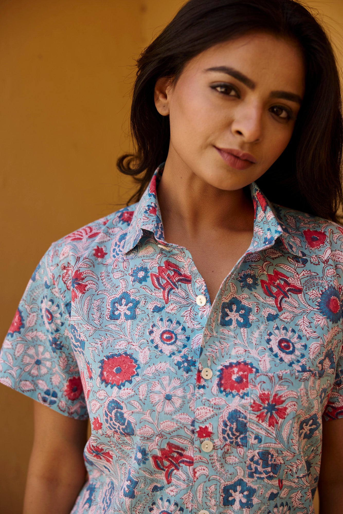 Blue Floral Printed Women Shirt