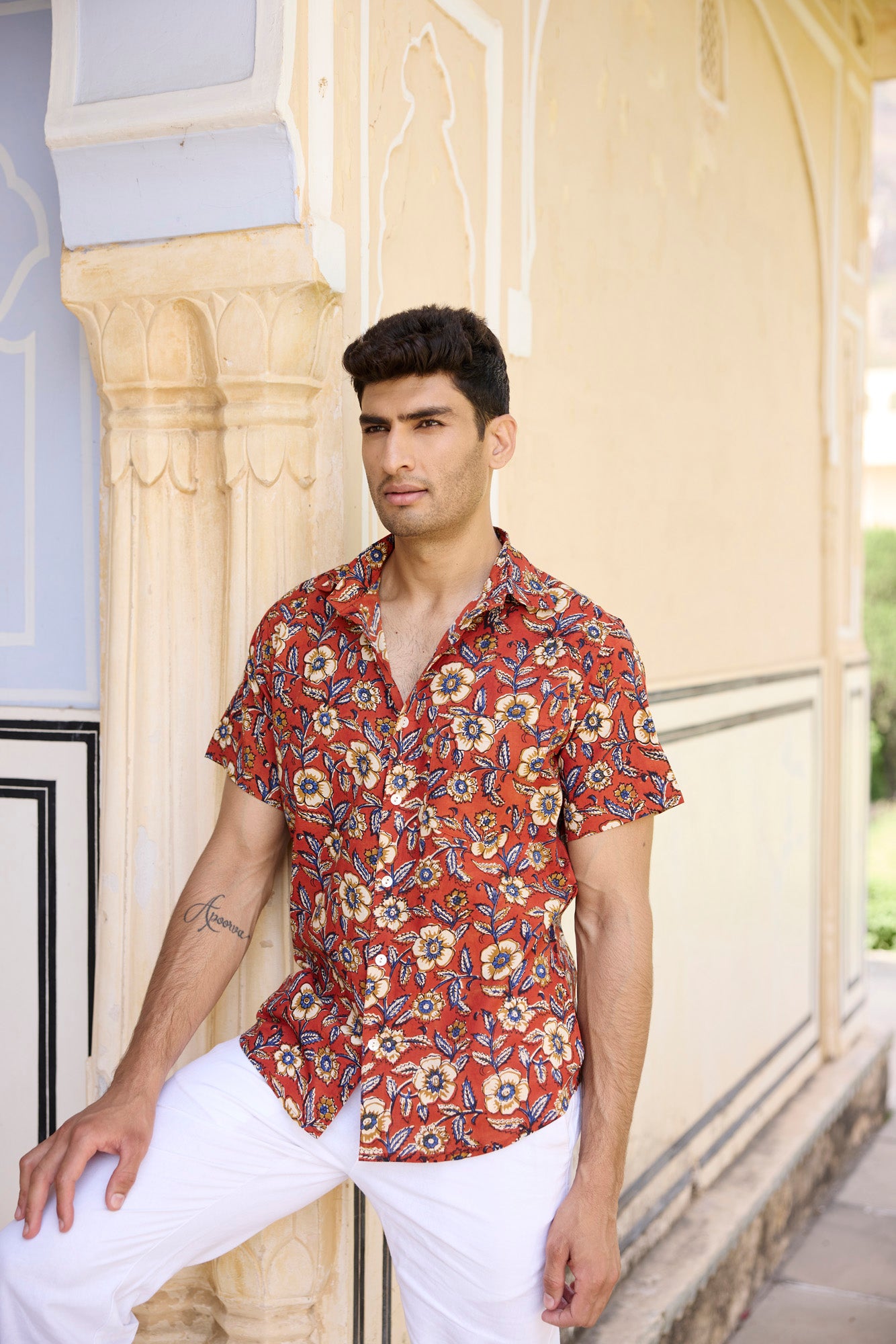 Rust Floral Print Men Shirt