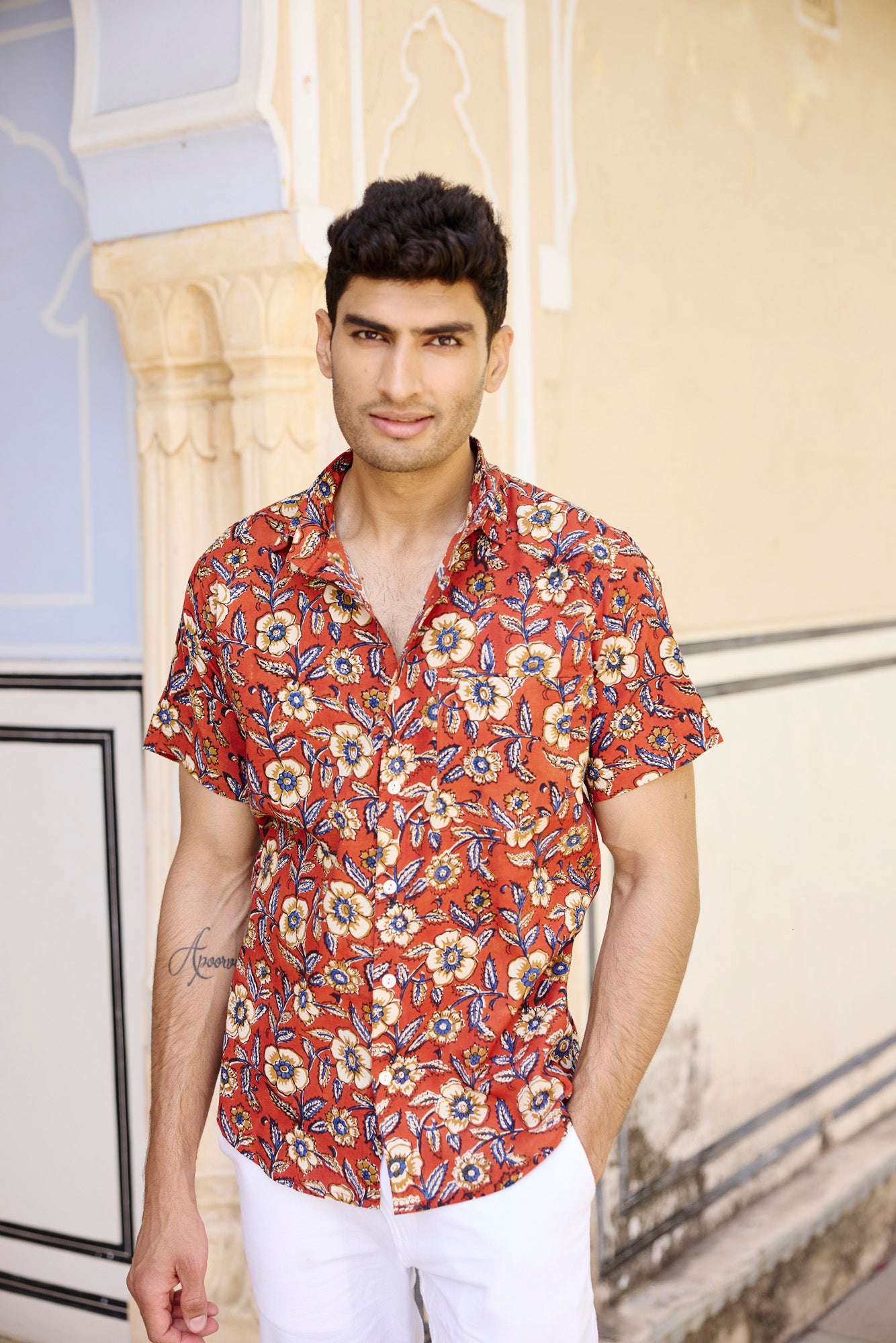 Rust Floral Print Men Shirt