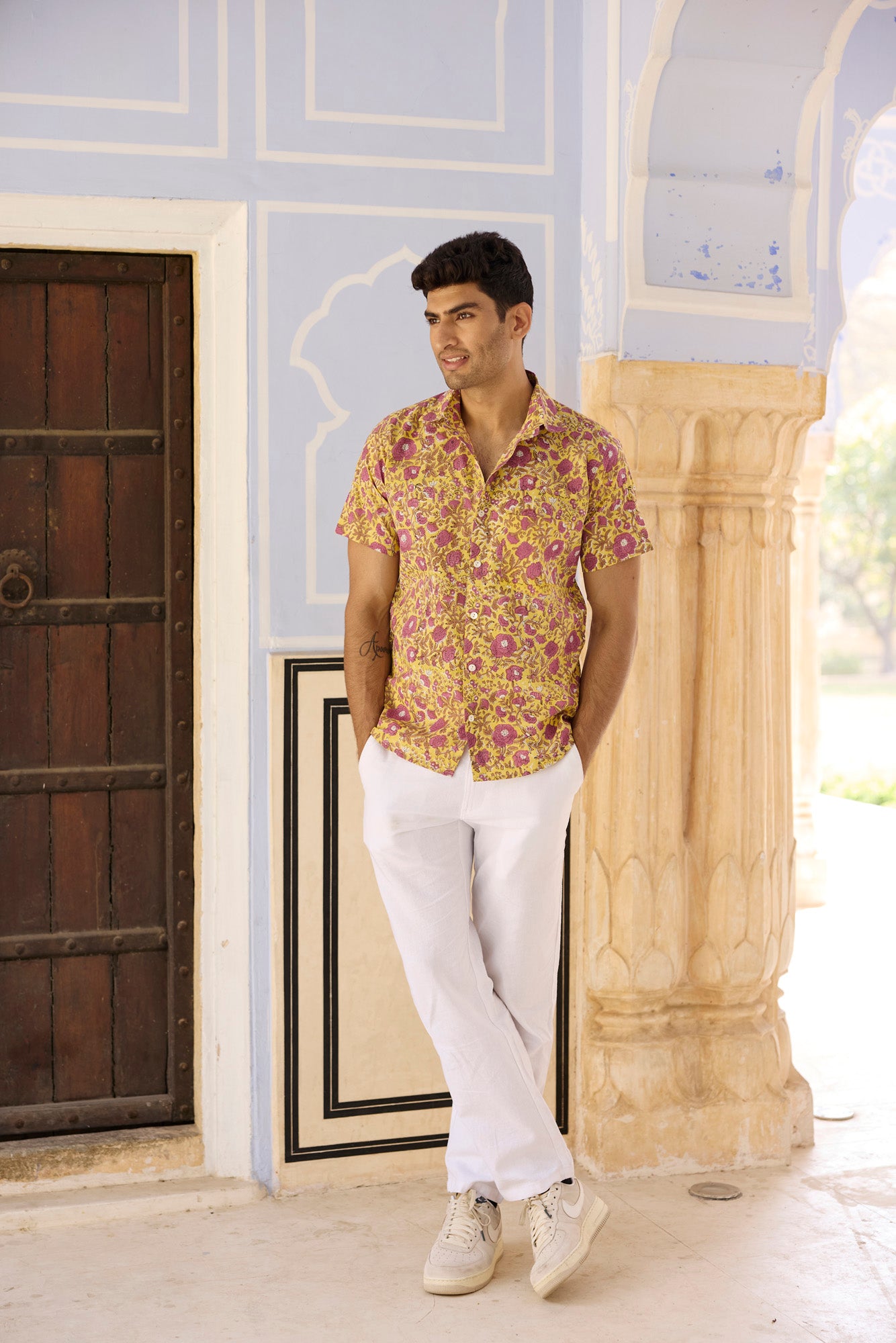 Yellow Print Cotton Men Shirt