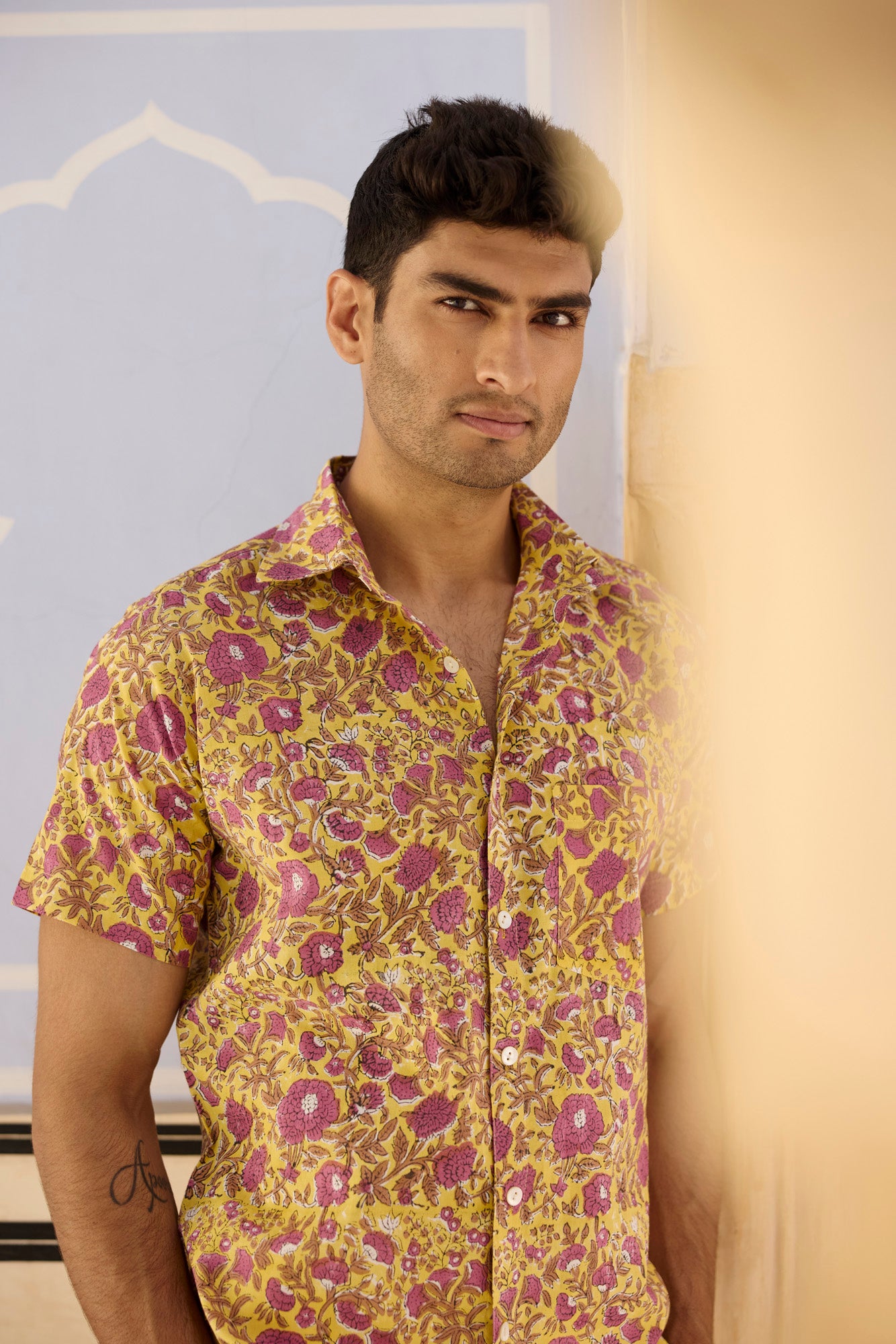 Yellow Print Cotton Men Shirt