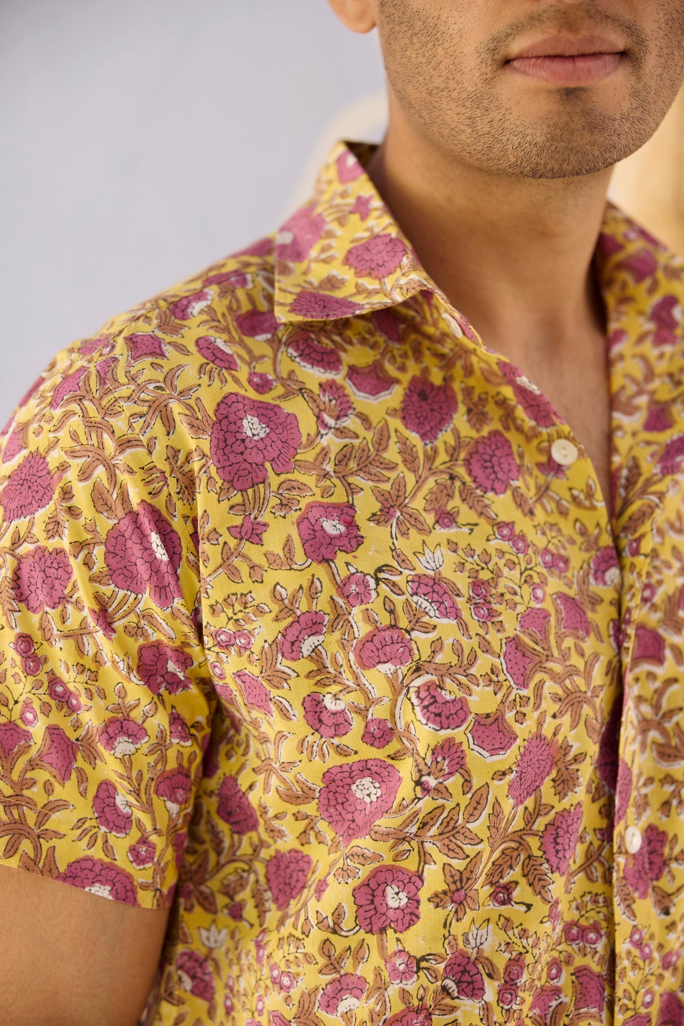 Yellow Print Cotton Men Shirt