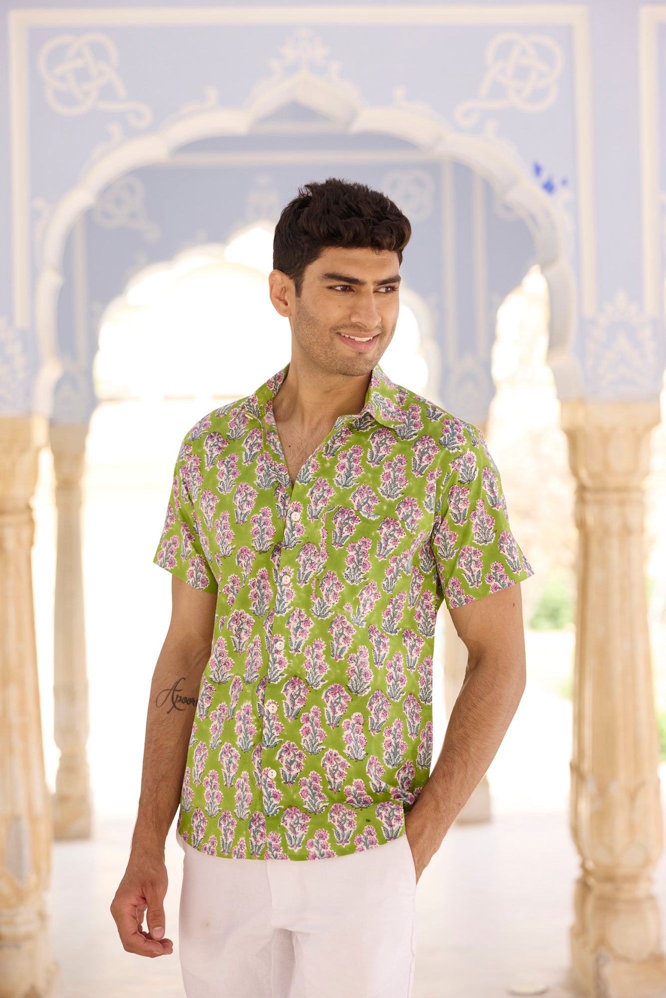 Green Floral Buta Men Shirt