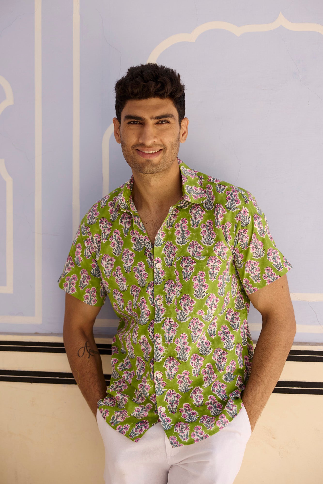 Green Floral Buta Men Shirt