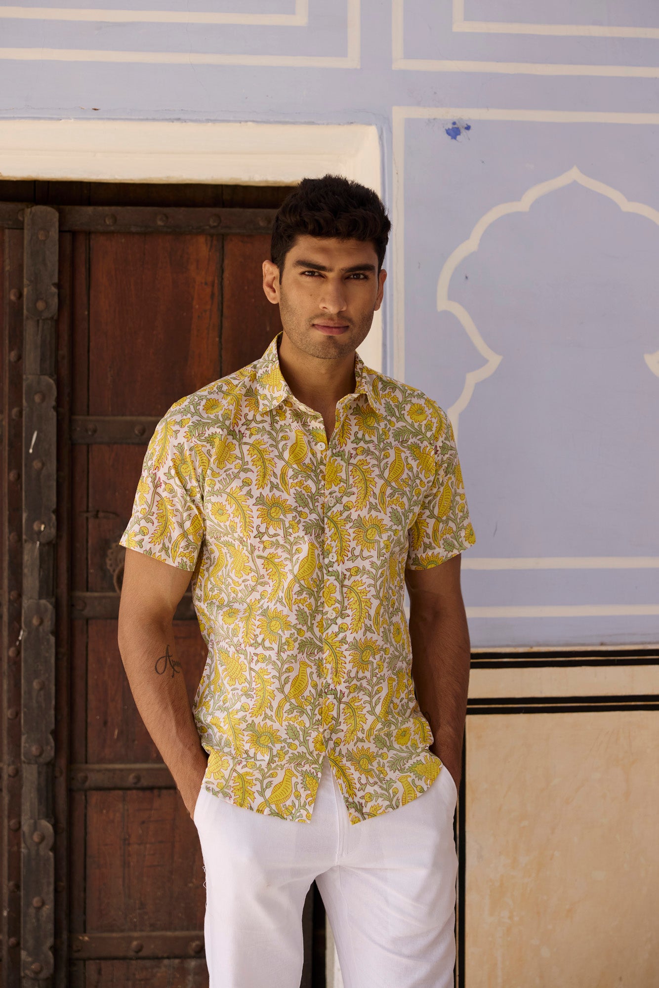 Yellow Floral Jaal Men Shirt