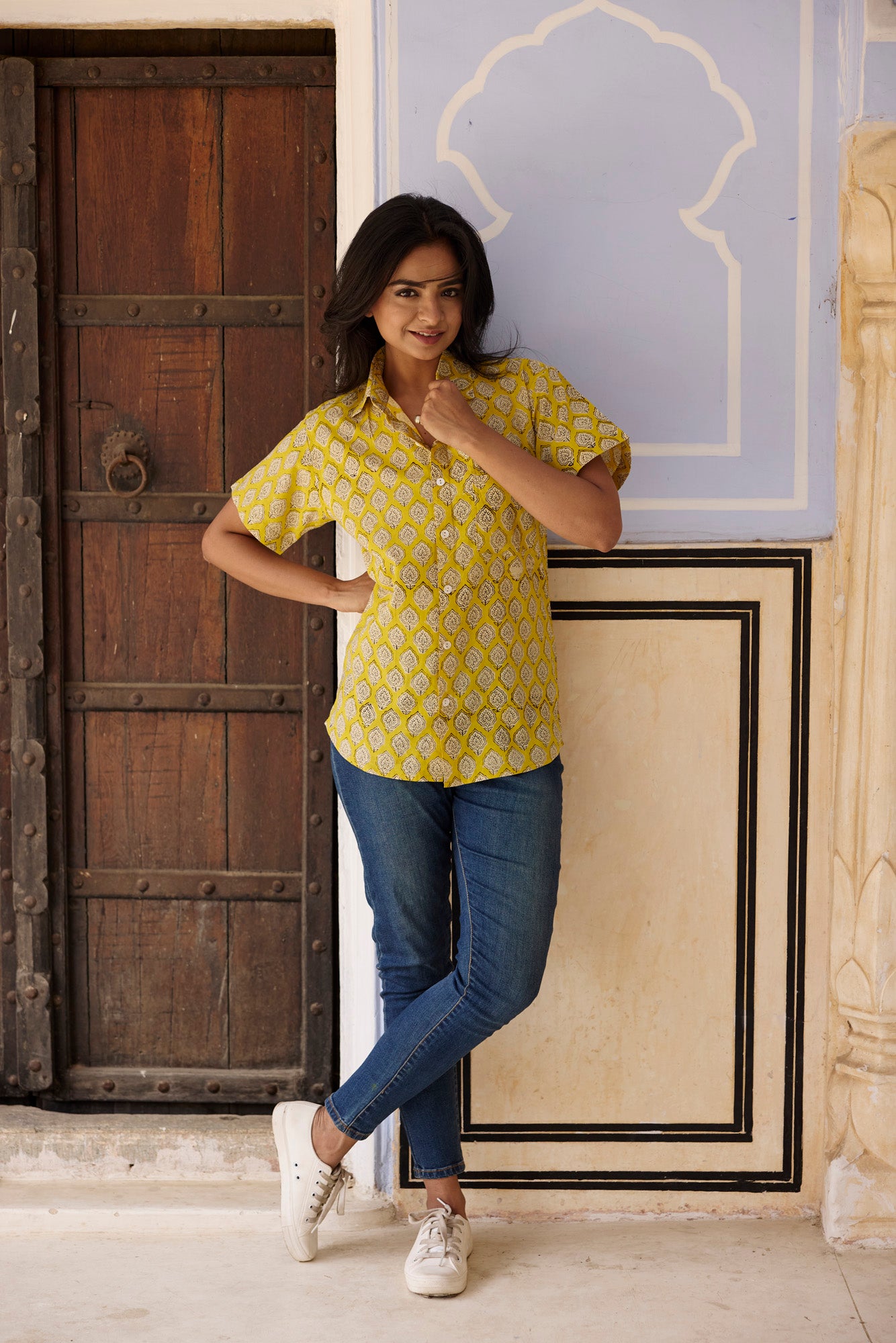 Mustard Boota Print Women Shirt