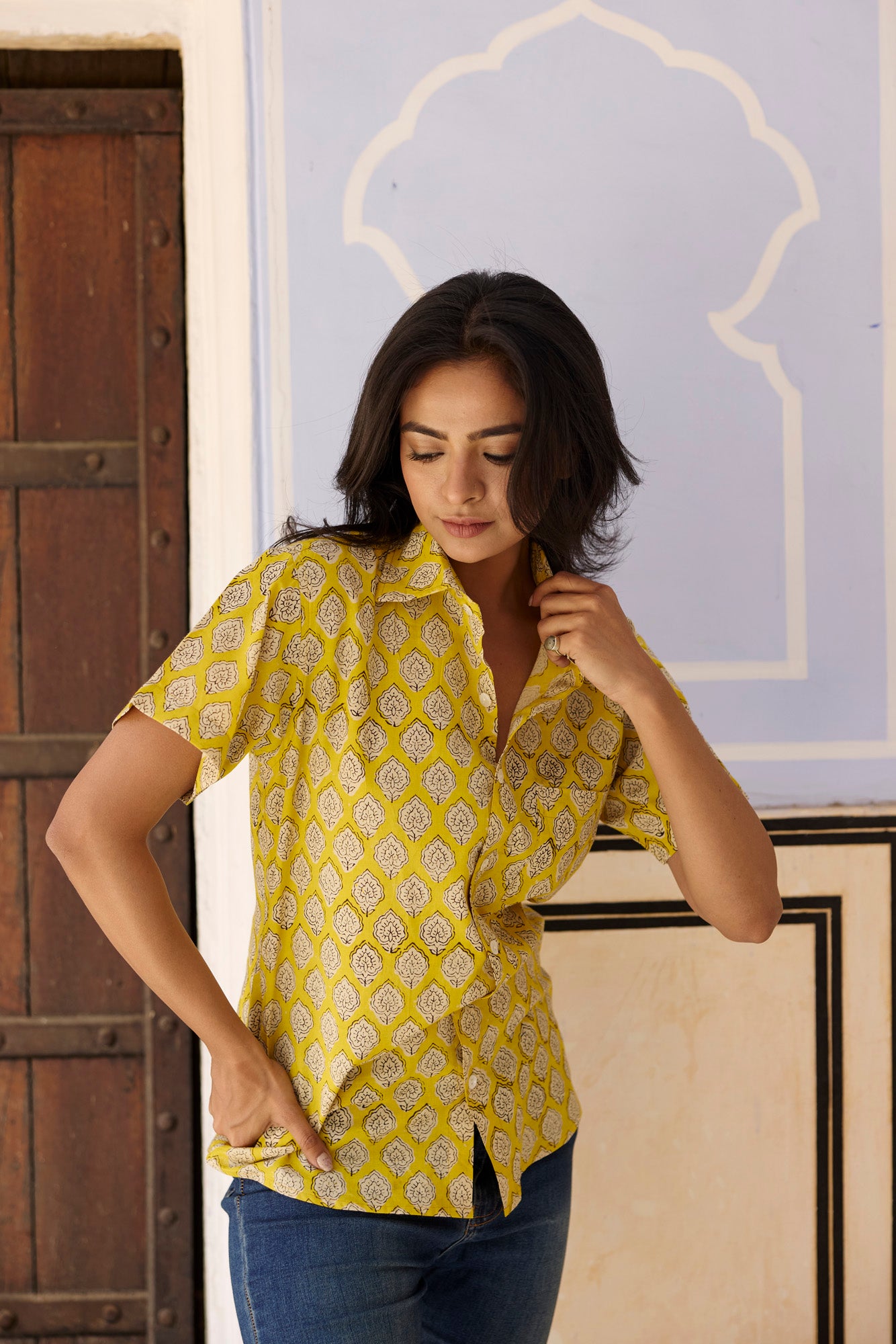 Mustard Boota Print Women Shirt