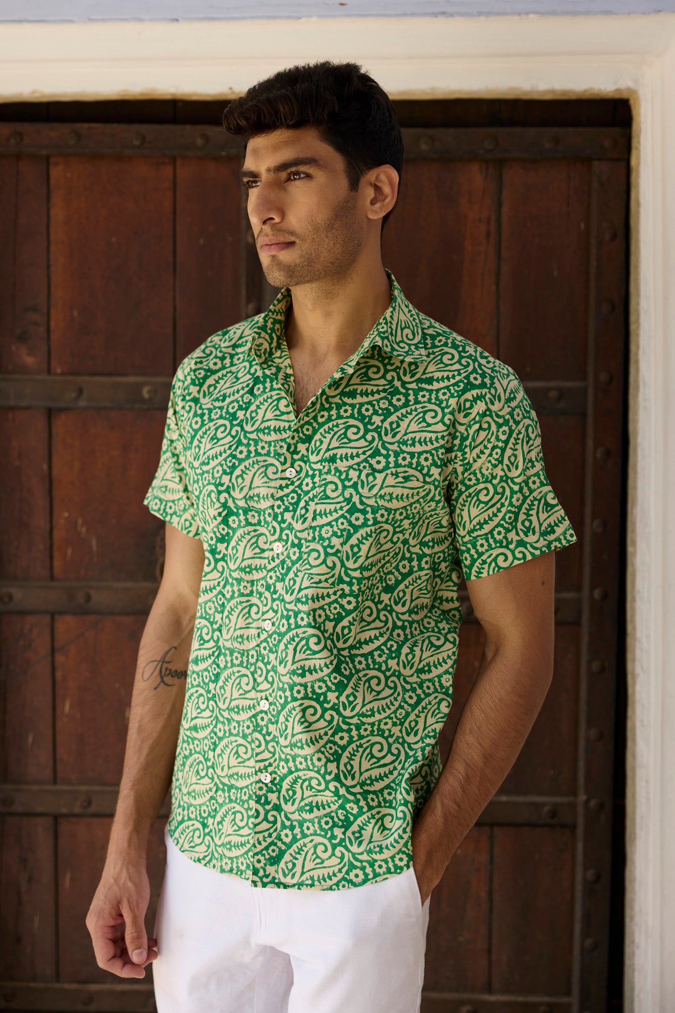 Green Paisley Cotton Men Shirt