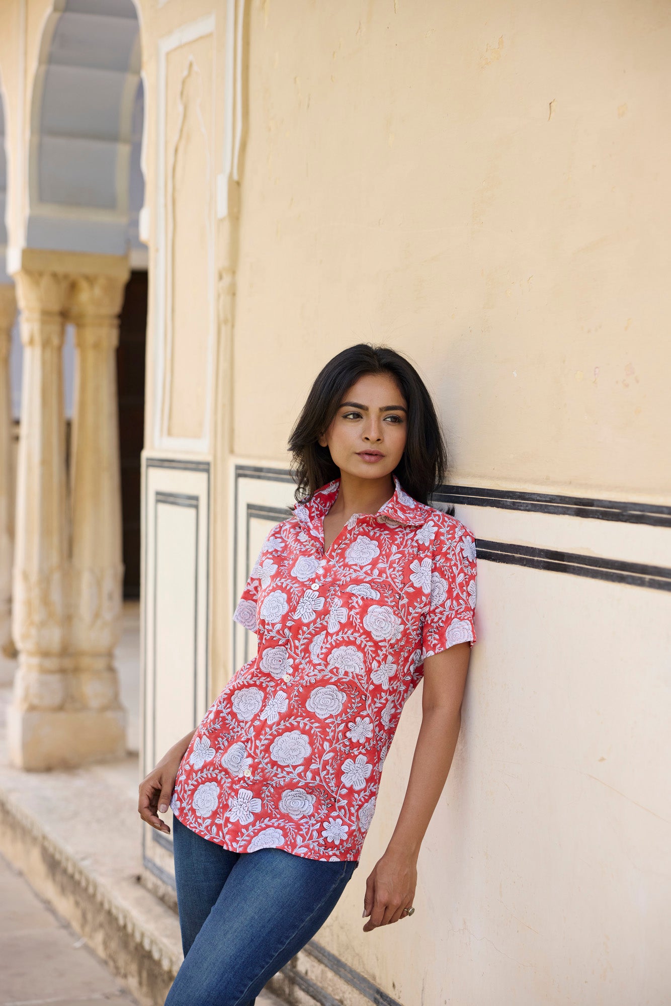 Floral Print Red Women Shirt