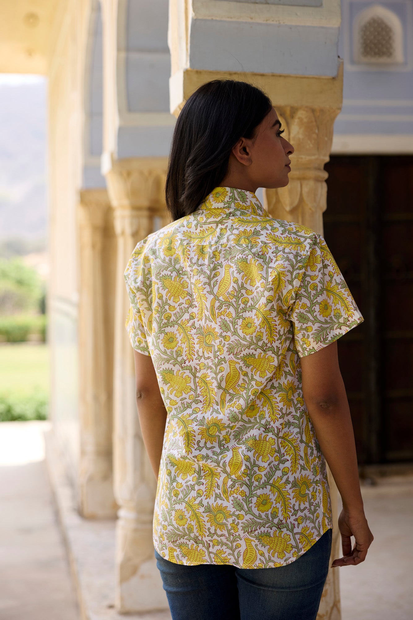 Yellow Floral Jaal Women Shirt