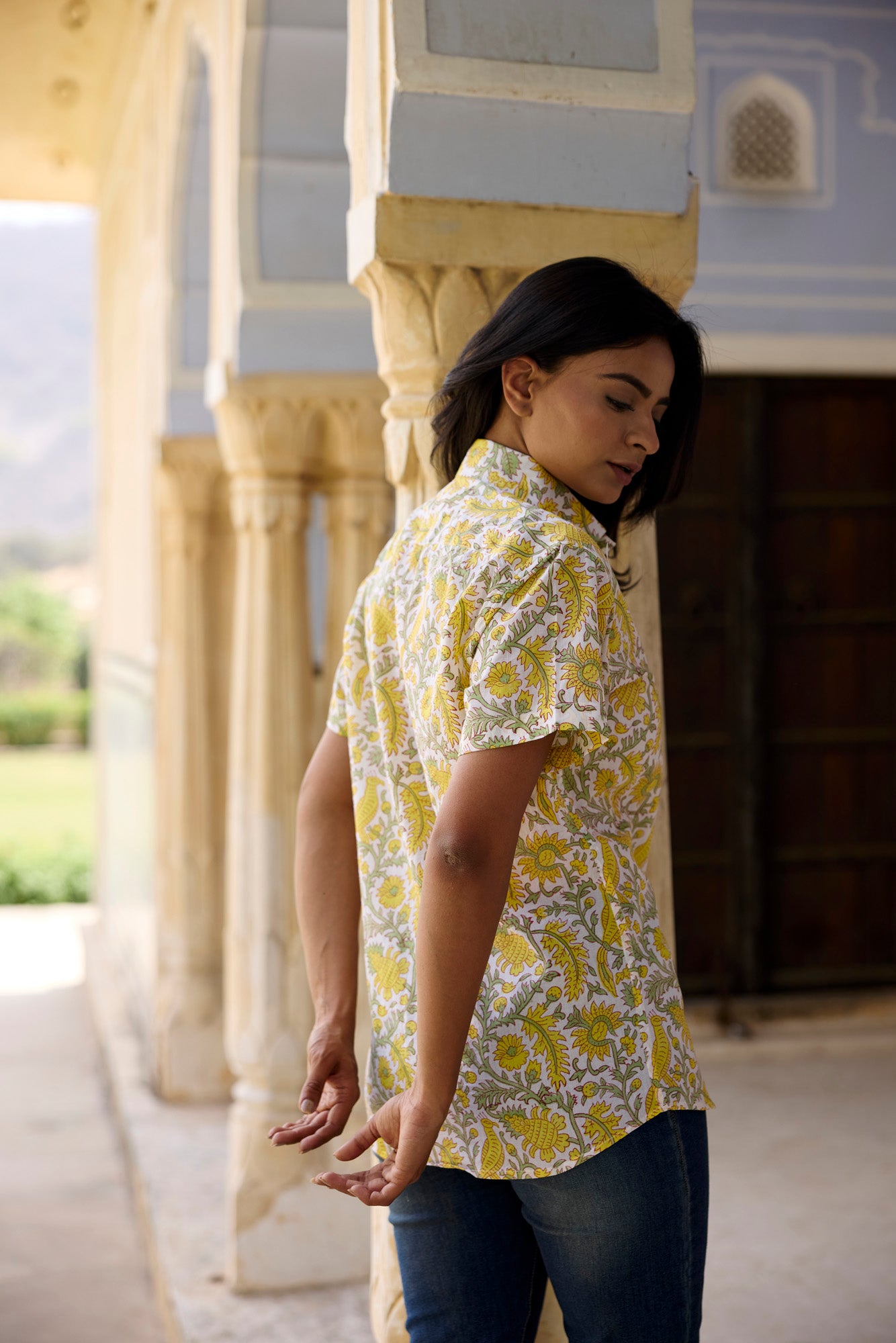 Yellow Floral Jaal Women Shirt