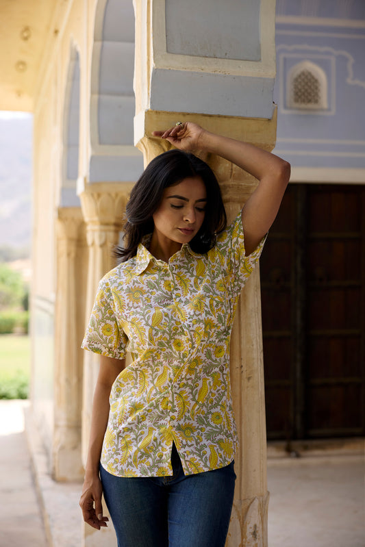 Yellow Floral Jaal Women Shirt