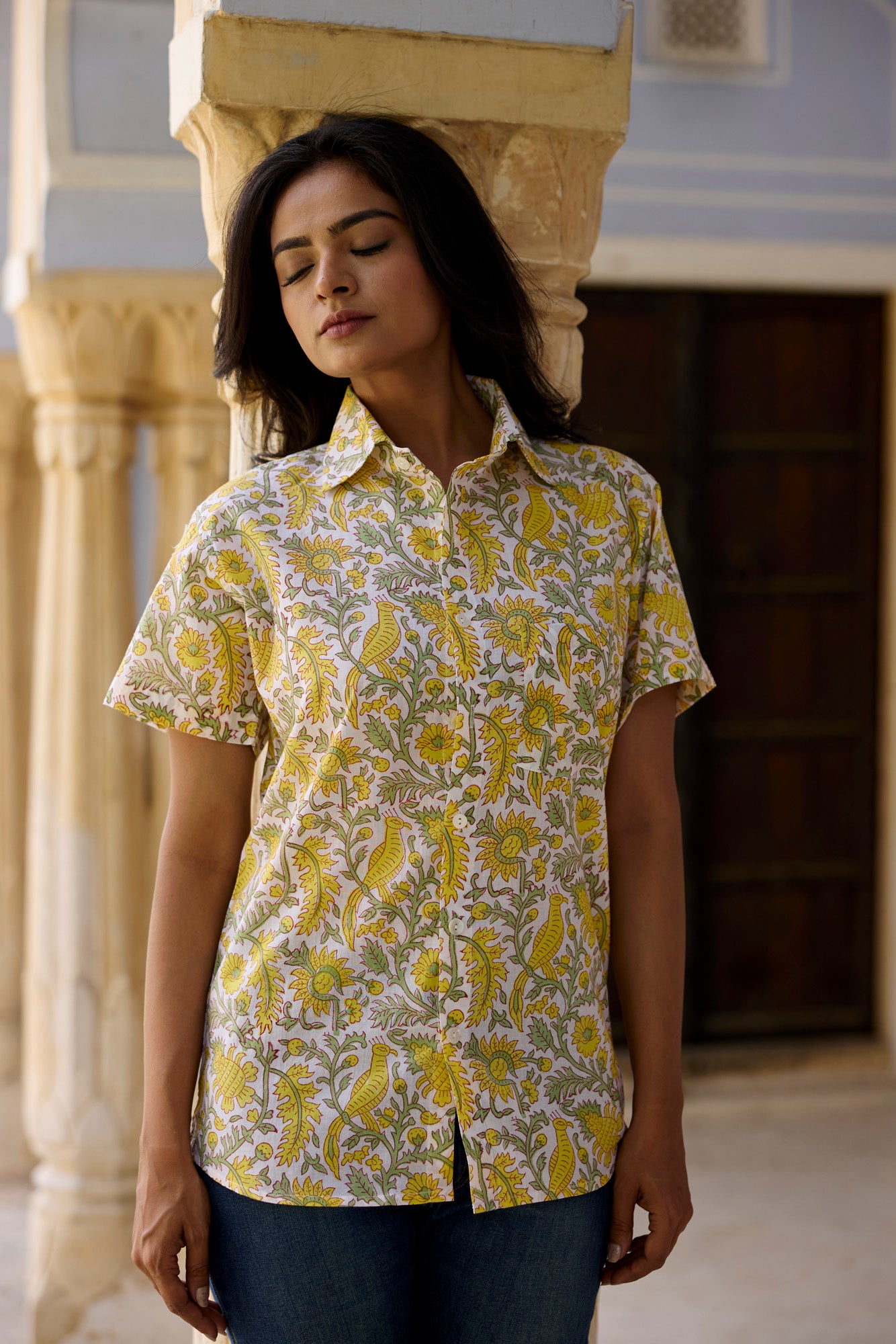 Yellow Floral Jaal Women Shirt