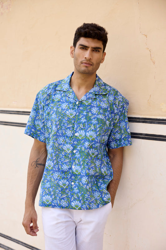 Blue Resort Cotton Men Shirt