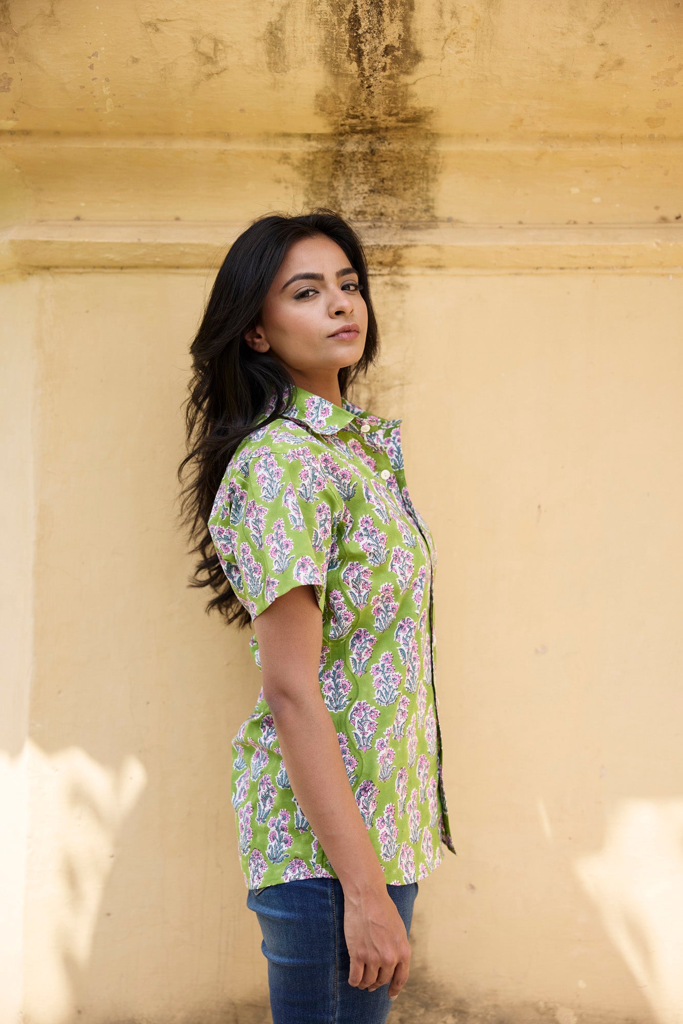 Green Floral Buta Women Shirt