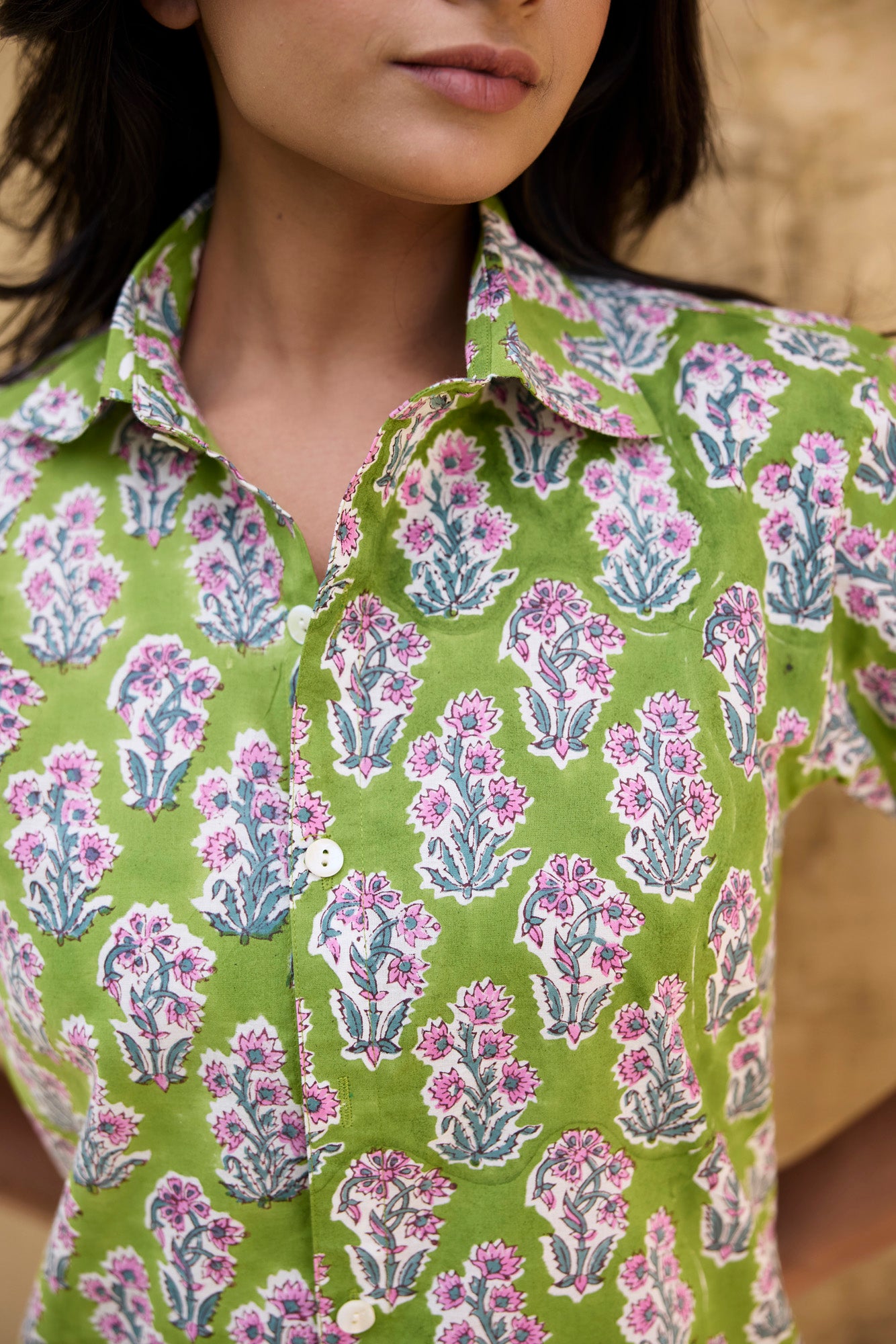 Green Floral Buta Women Shirt