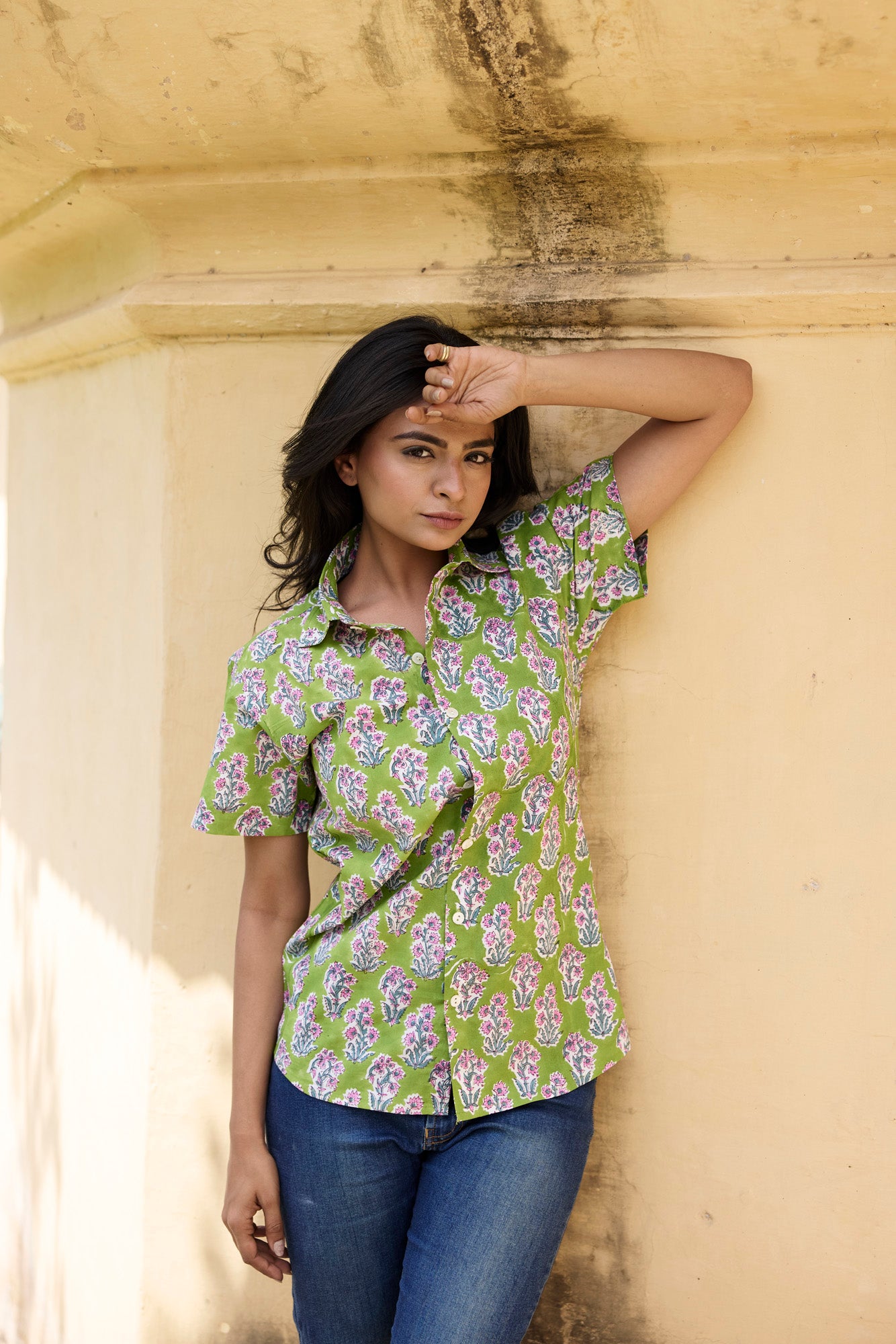 Green Floral Buta Women Shirt