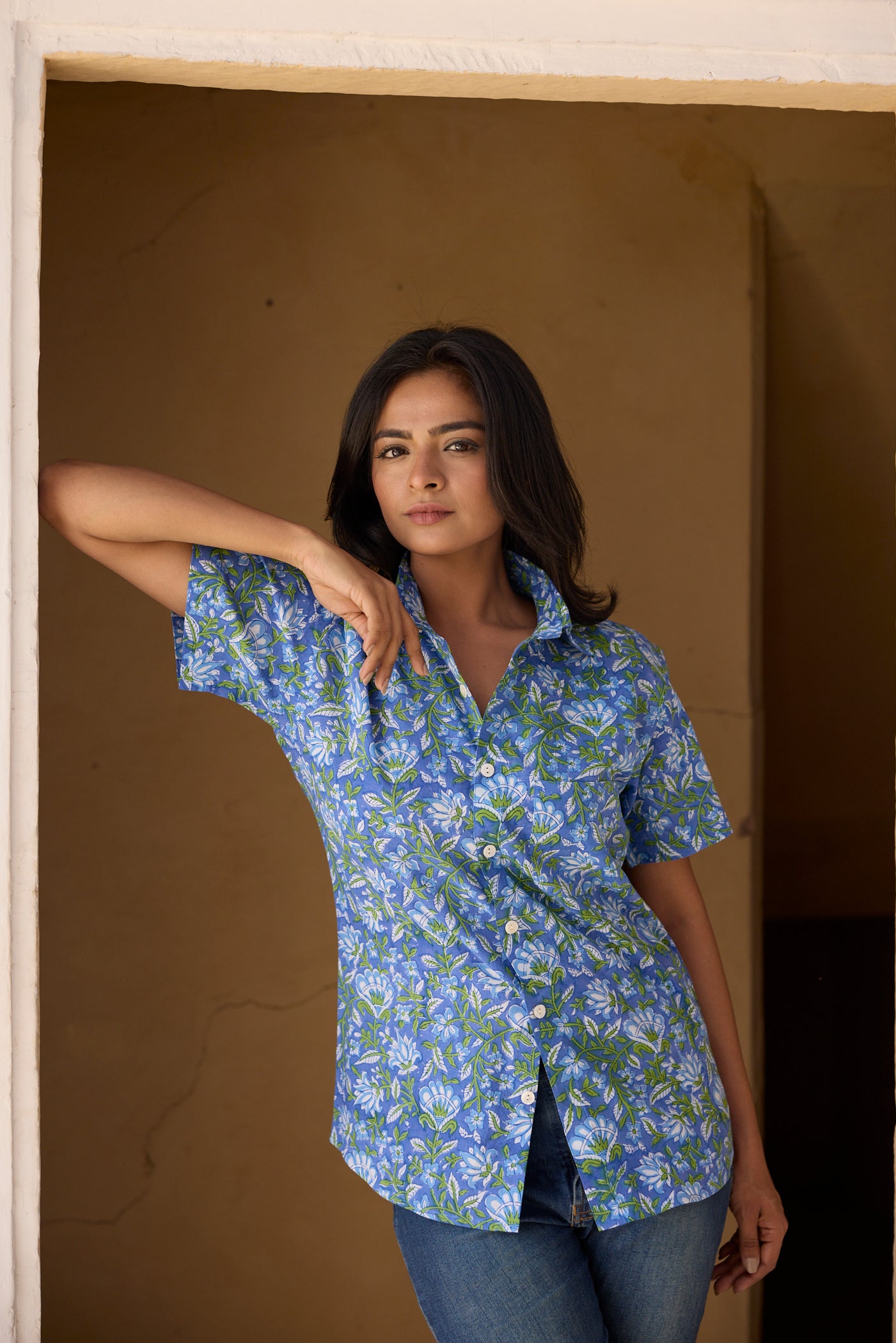 Blue Resort Cotton Women Shirt