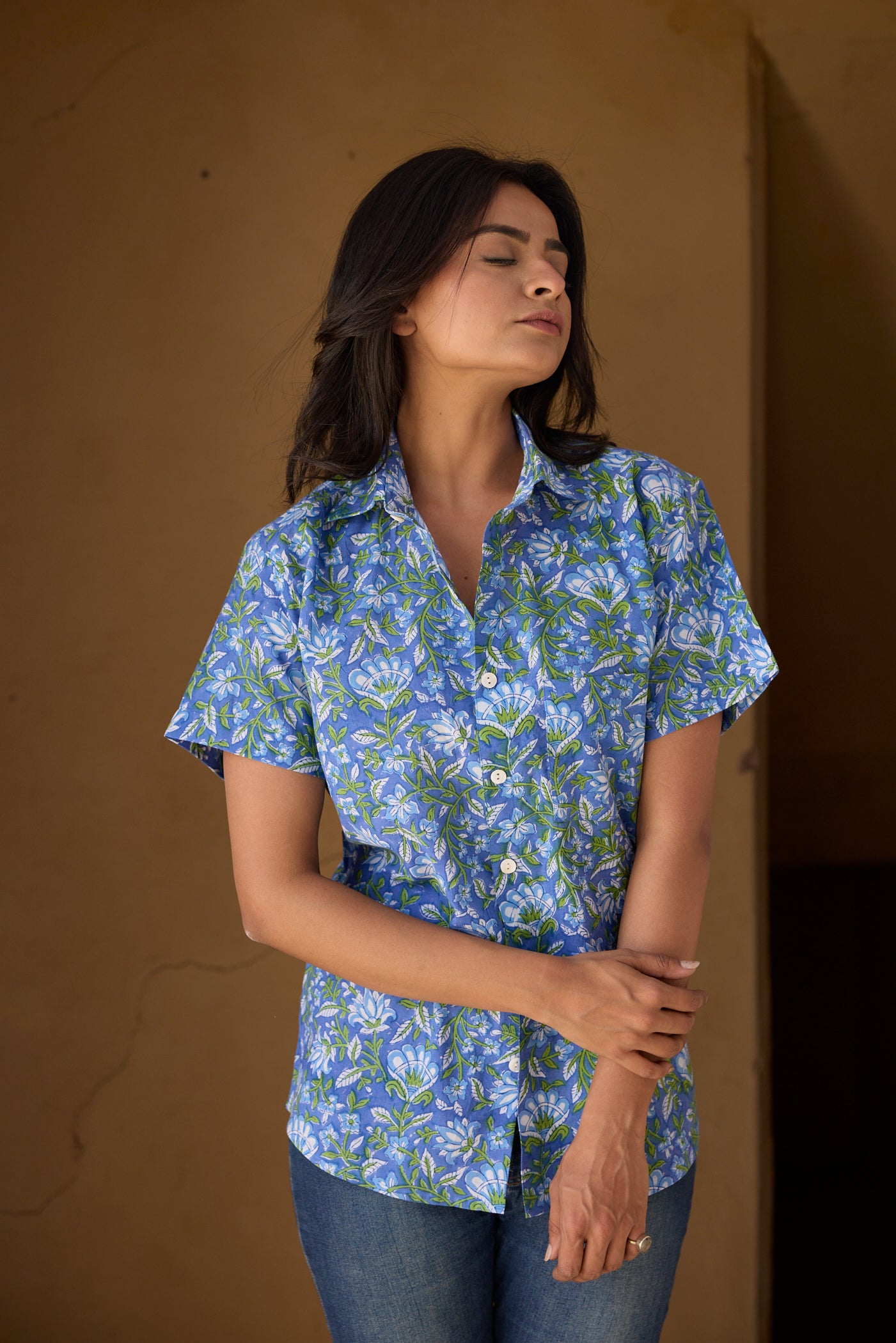 Blue Resort Cotton Women Shirt