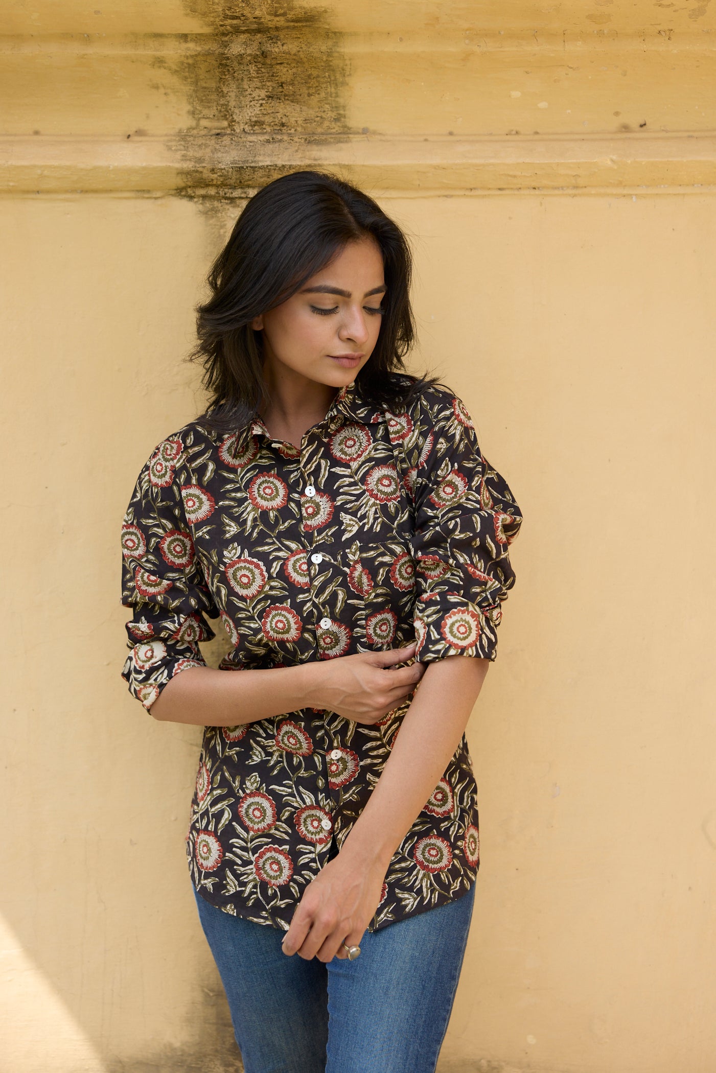 Black Bagru Cotton Women Shirt