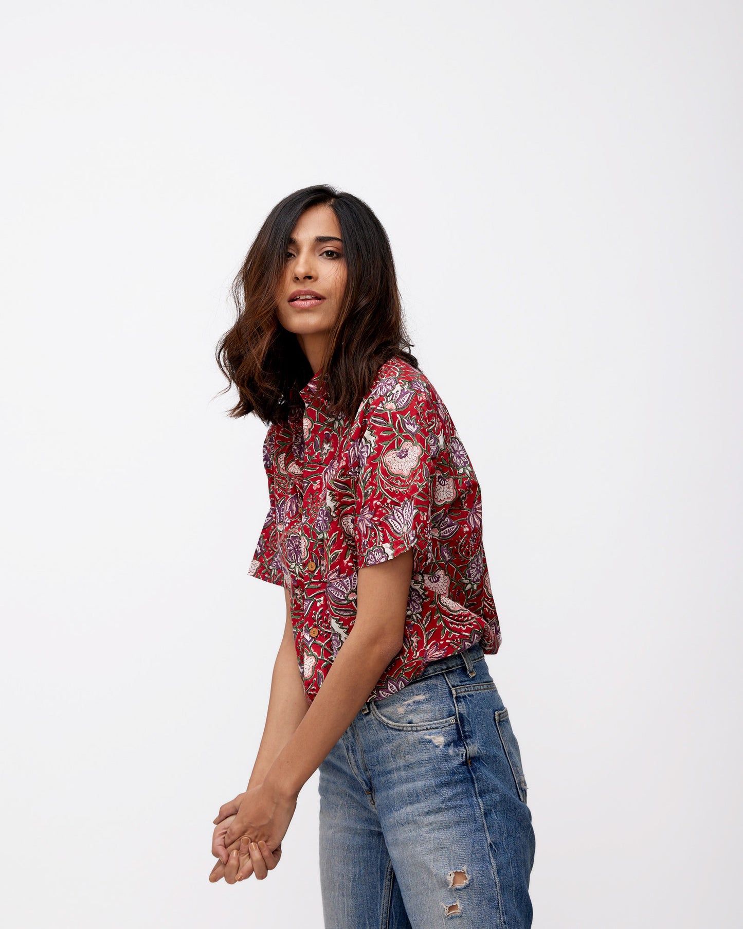 Red Lotus Print Cotton Shirt